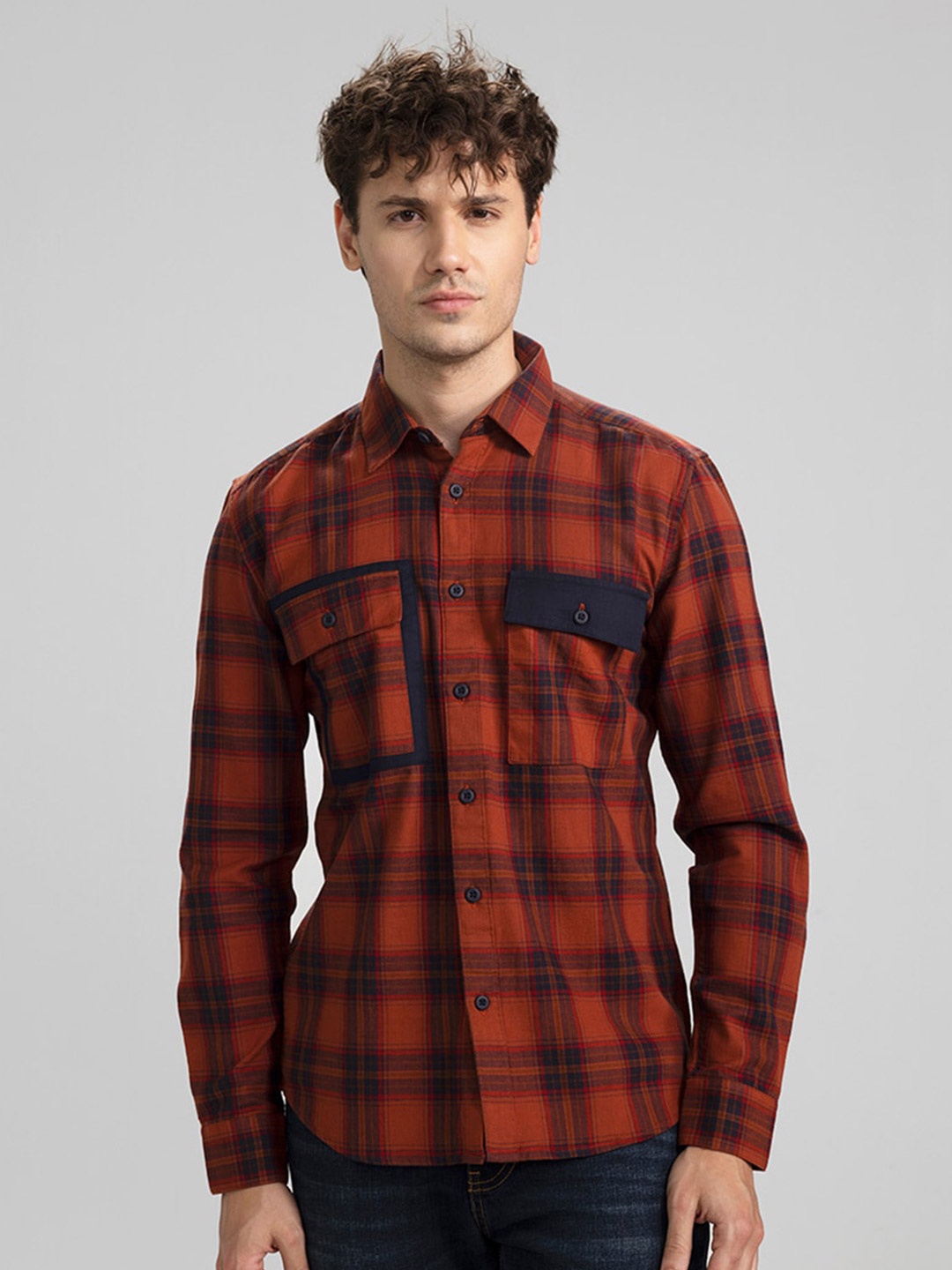 

Snitch Orange Tartan Checked Classic Slim Fit Cotton Casual Shirt