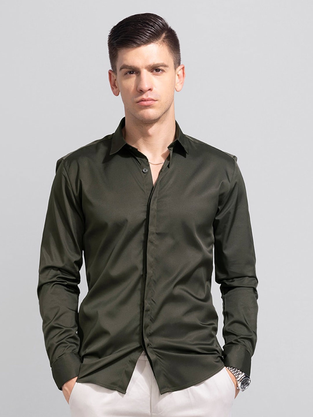 

Snitch Olive Green Classic Slim Fit Opaque Casual Shirt