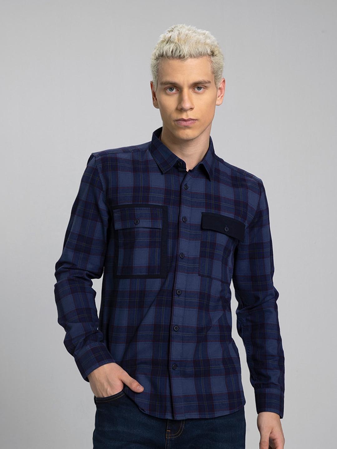 

Snitch Navy Blue Classic Slim Fit Tartan Checked Casual Shirt