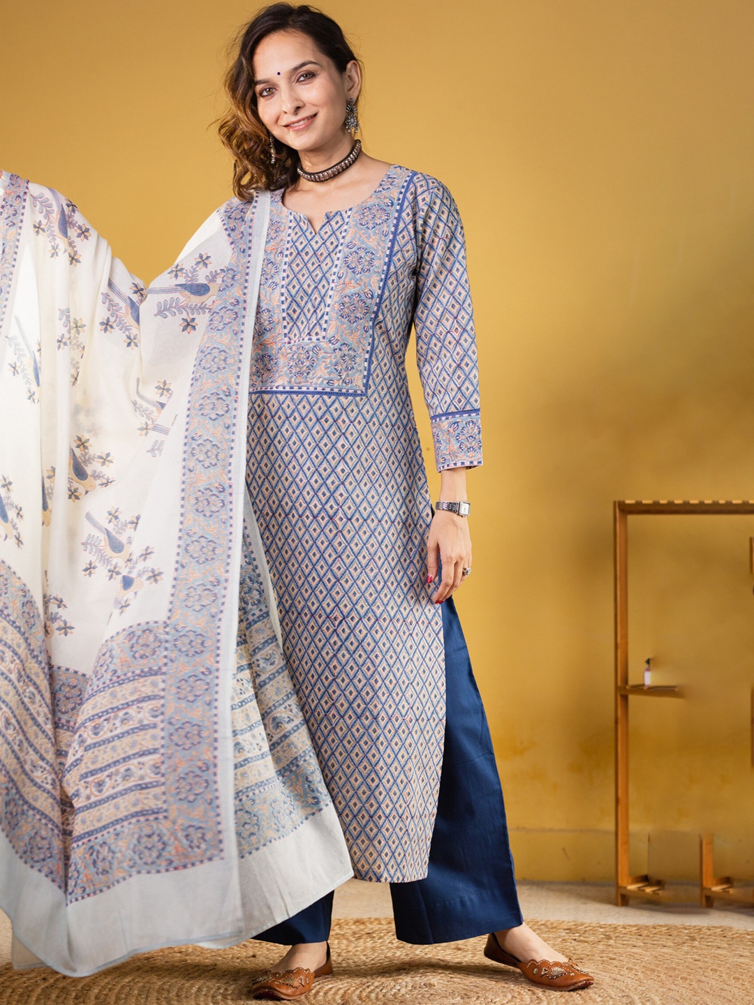 

AVANSHEE Ethnic Motif Printed Notched Neck Kurta With Palazzos & Dupatta, Blue