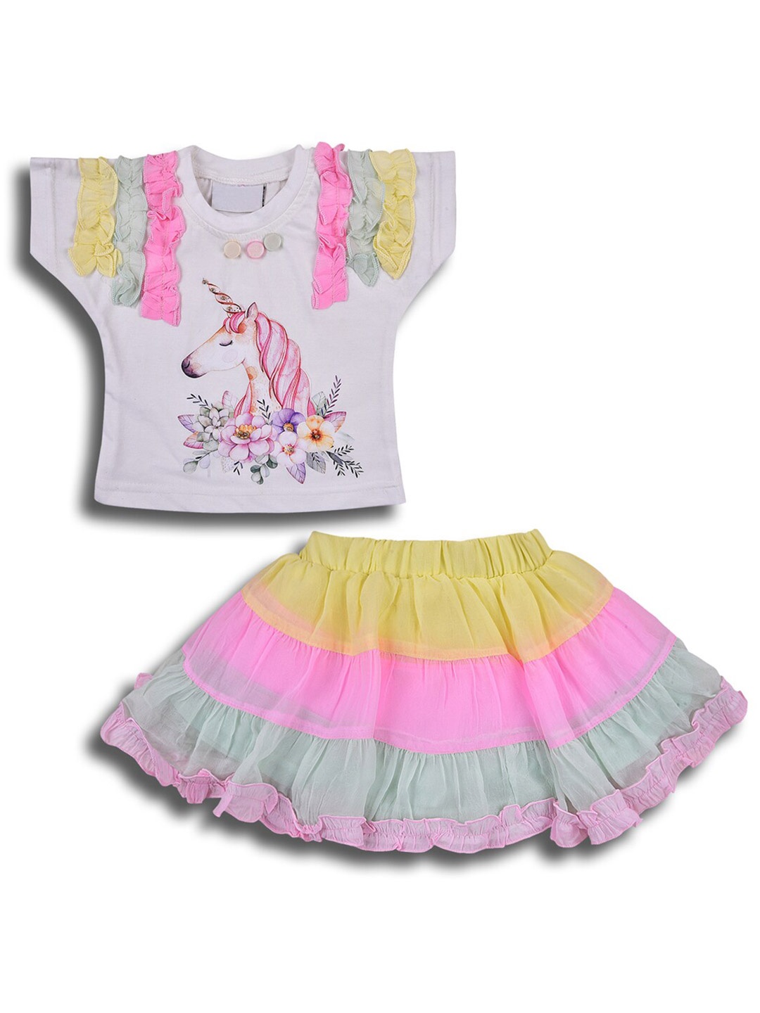 

Wish Karo Girls Printed Cotton Top with Skirt, White