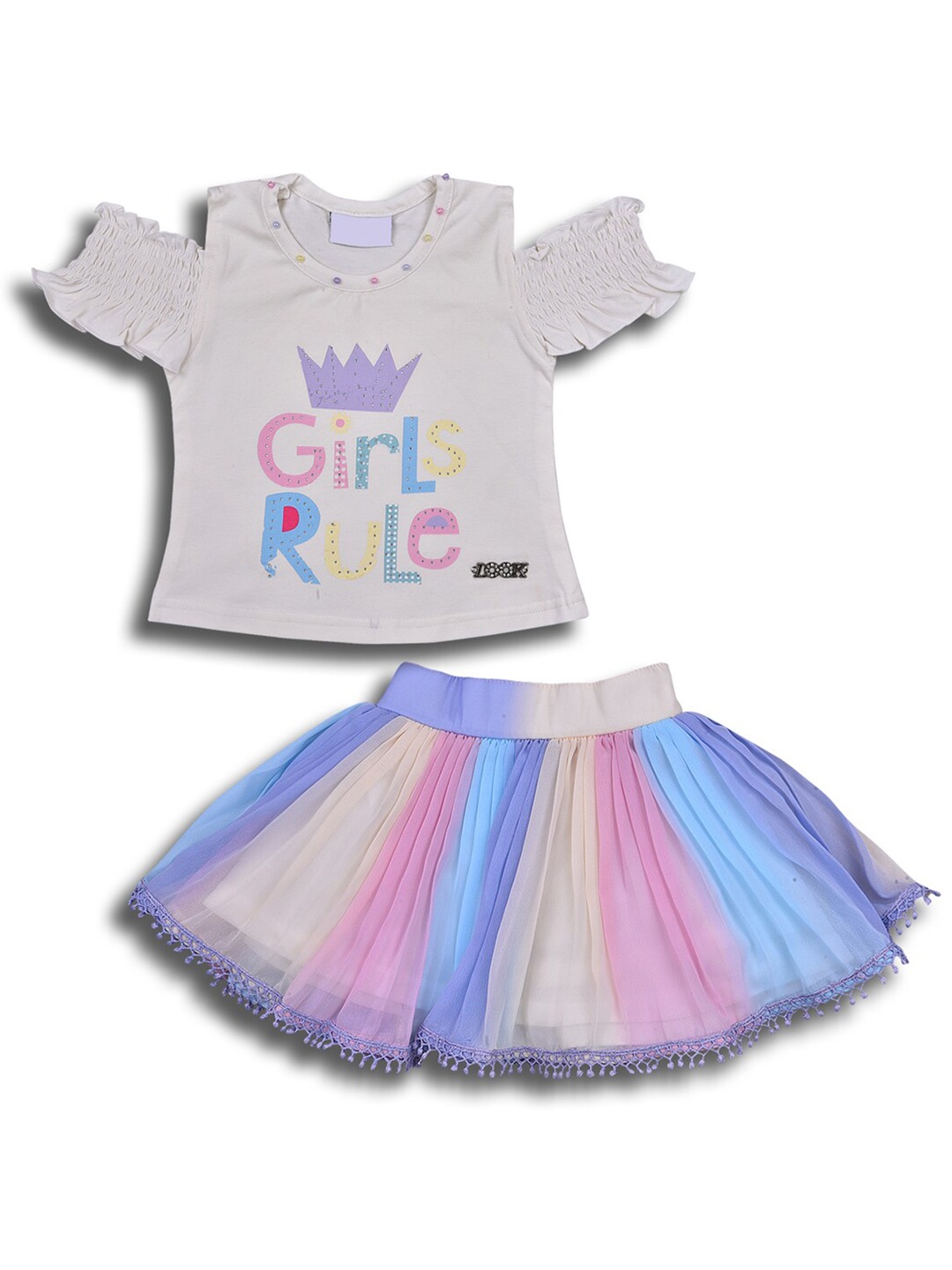 

Wish Karo Girls Purple & White Printed Top with Skirt