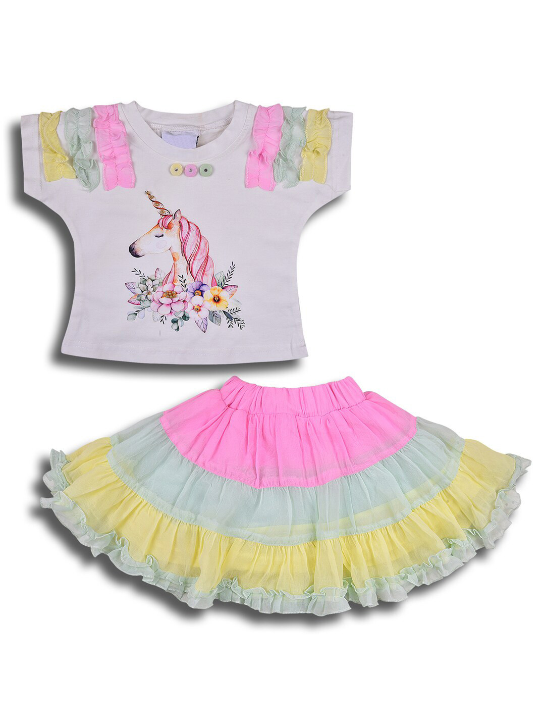 

Wish Karo Girls Printed Cotton Top with Skirt, White
