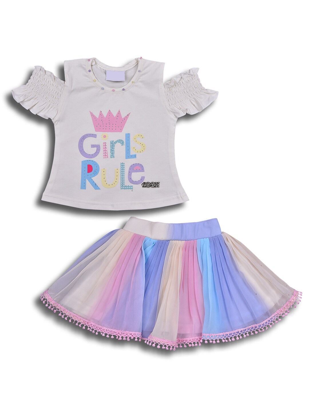 

Wish Karo Girls Printed Cotton Top with Skirt, White