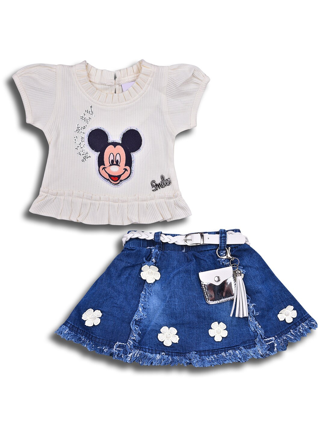 

Wish Karo Girls Printed Cotton Top with Denim Skirt, White
