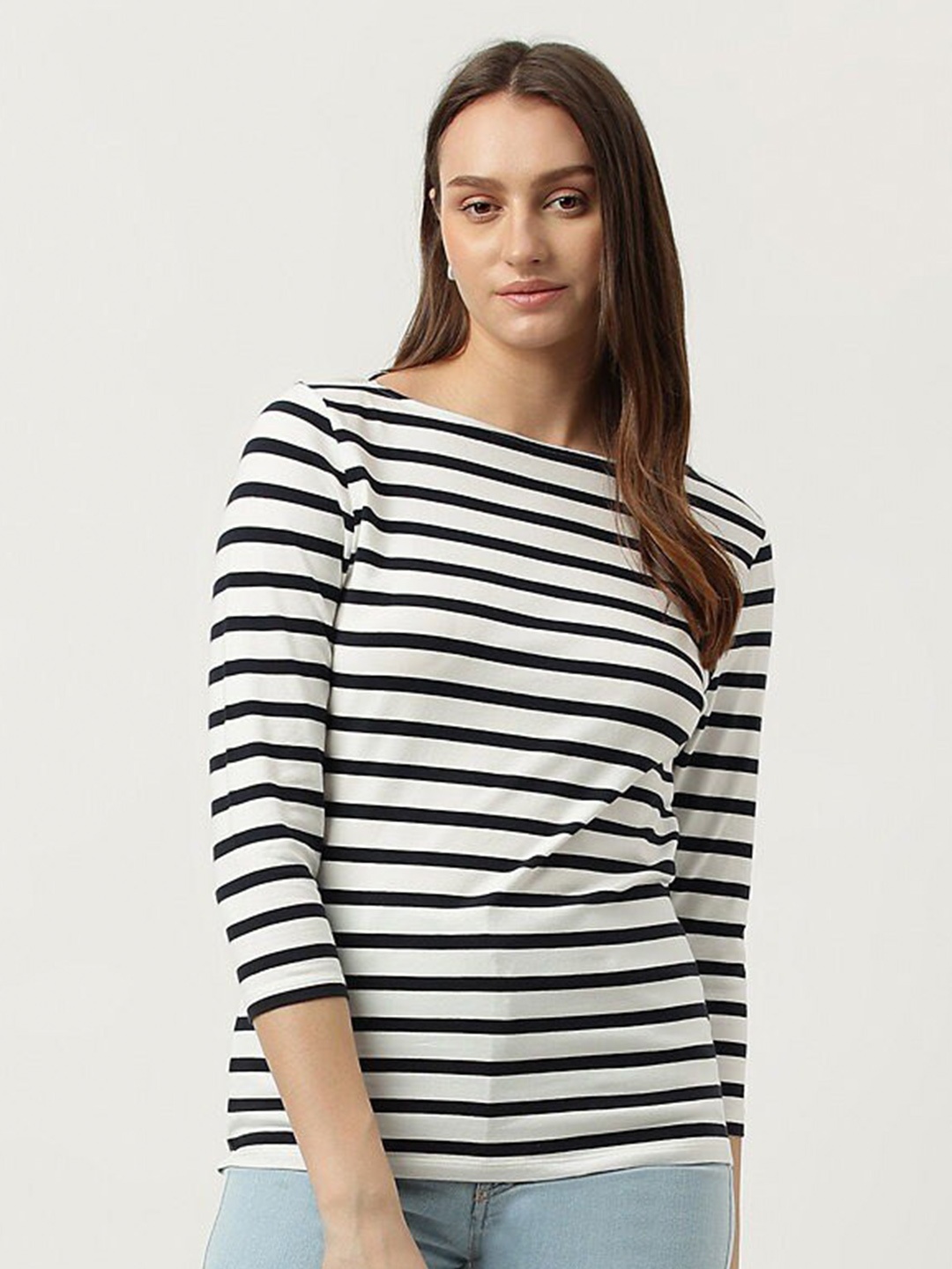 

Marks & Spencer Striped Boat Neck Monochrome T-shirt, White