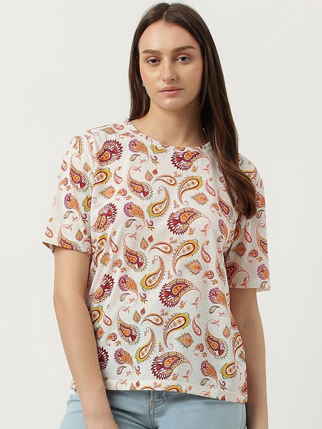 

Marks & Spencer Ethnic Printed Round Neck T-Shirt, Cream