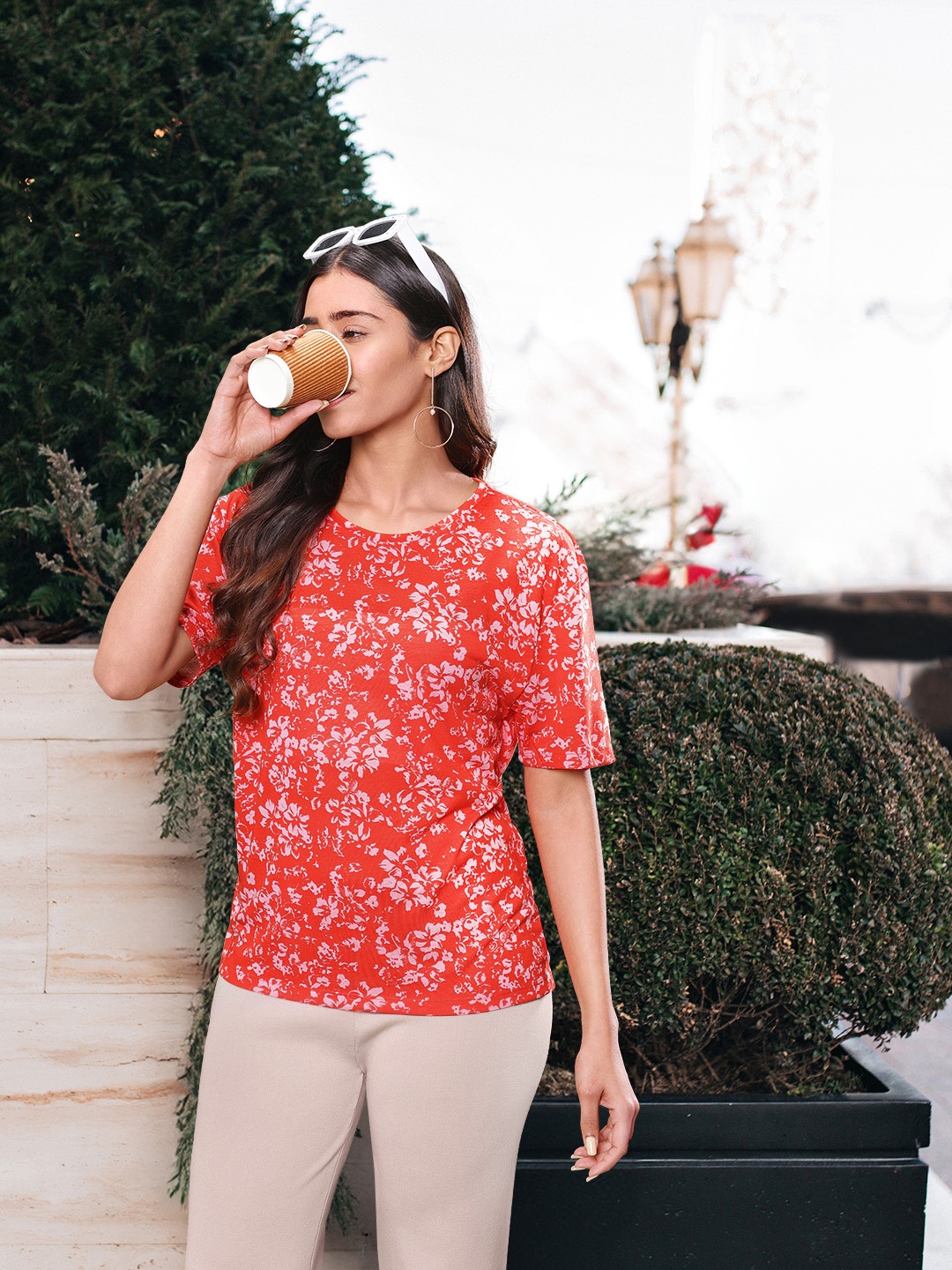 

Marks & Spencer Floral Printed Round Neck T-Shirt, Coral