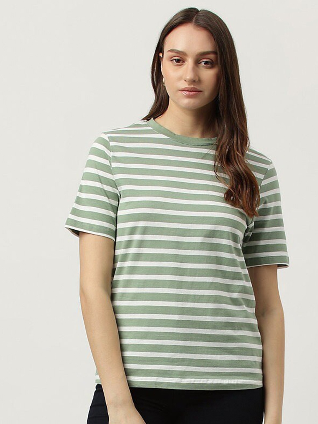 

Marks & Spencer Striped Round Neck Pure Cotton T-shirt, Green