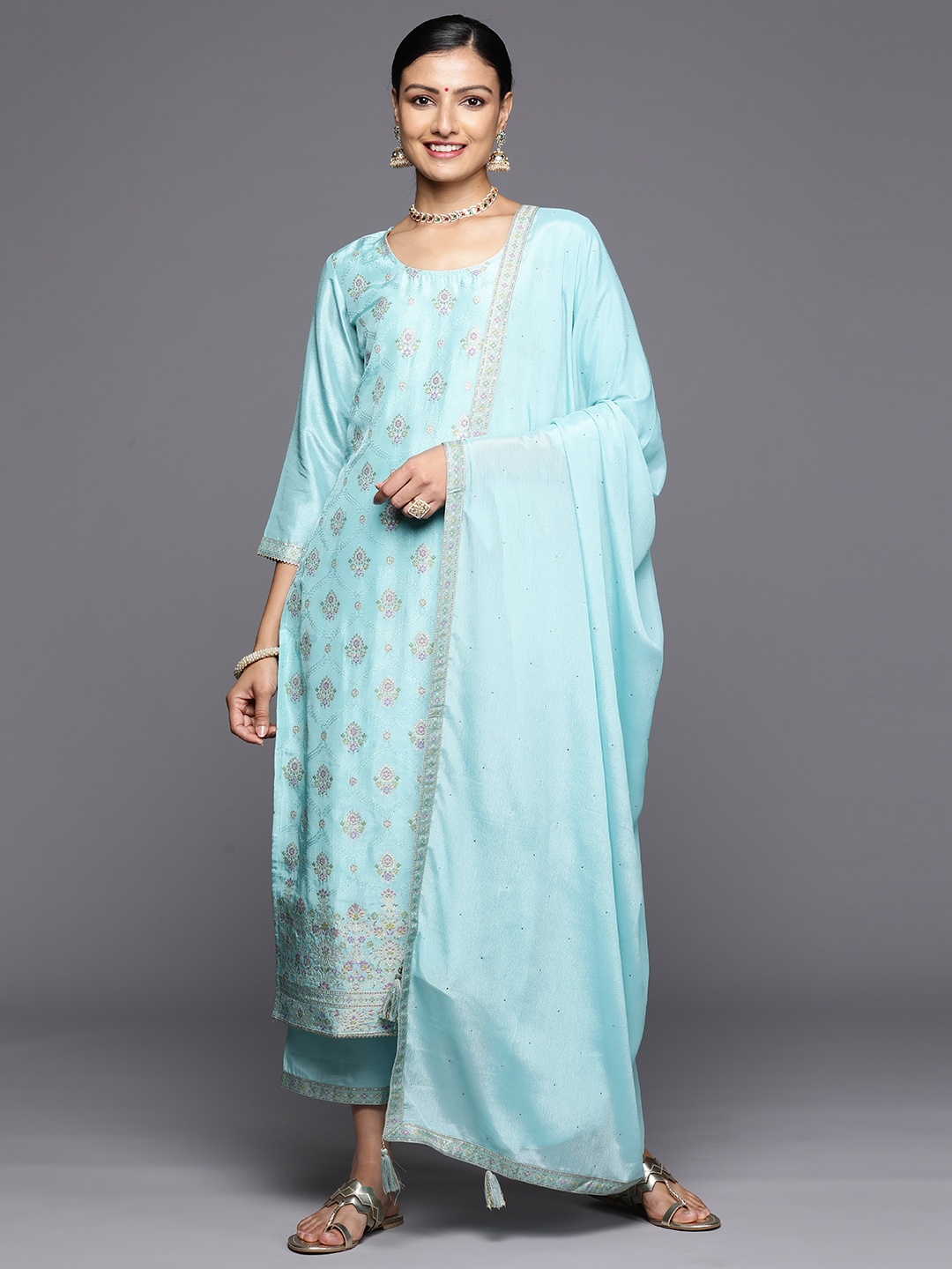 

Libas Floral Zari Kurta With Trousers & Dupatta, Turquoise blue