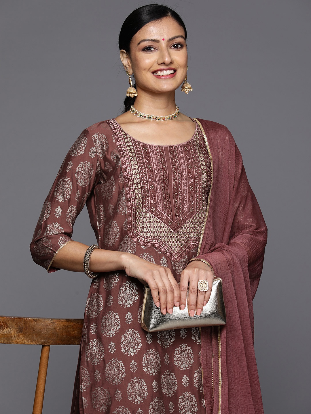 

Libas Ethnic Motifs Yoke Design Panelled Zari Kurta With Trousers & Dupatta, Mauve