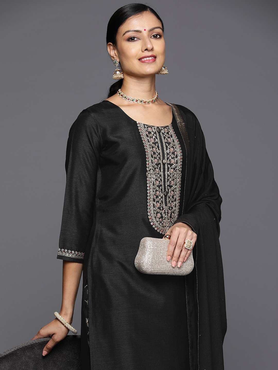

Libas Floral Yoke Design Sequinned Kurta With Trousers & Dupatta, Black