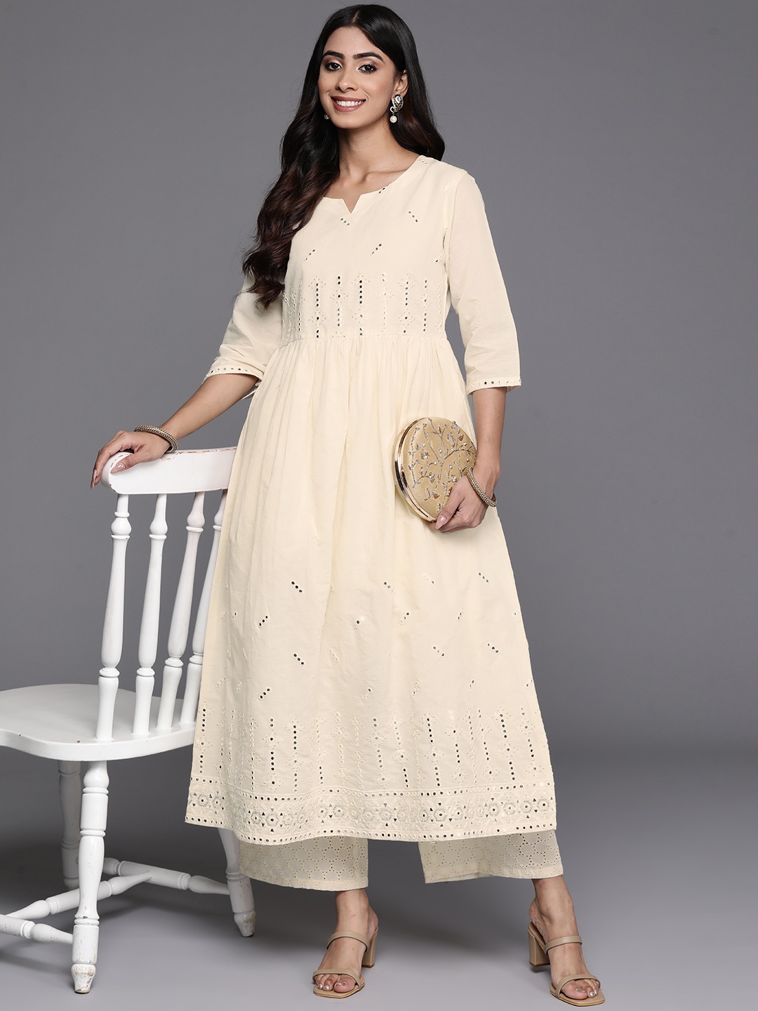 

Libas Embroidered Mirror Work Anarkali Kurta, Off white