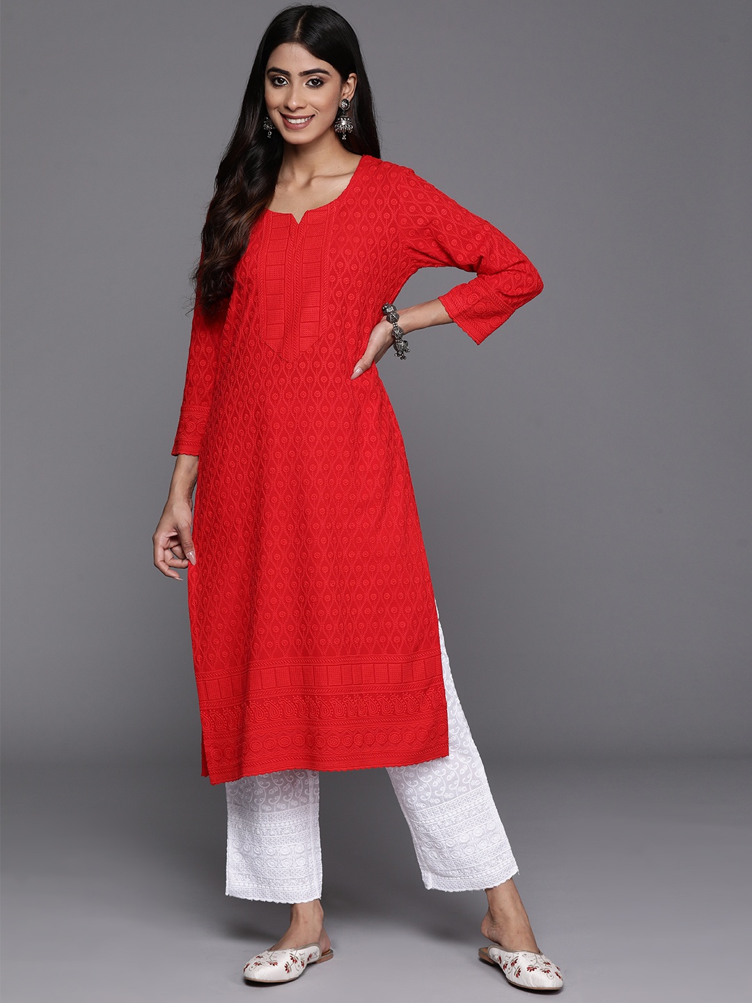 

Libas Floral Embroidered Thread Work Sweetheart Neck Kurta, Red