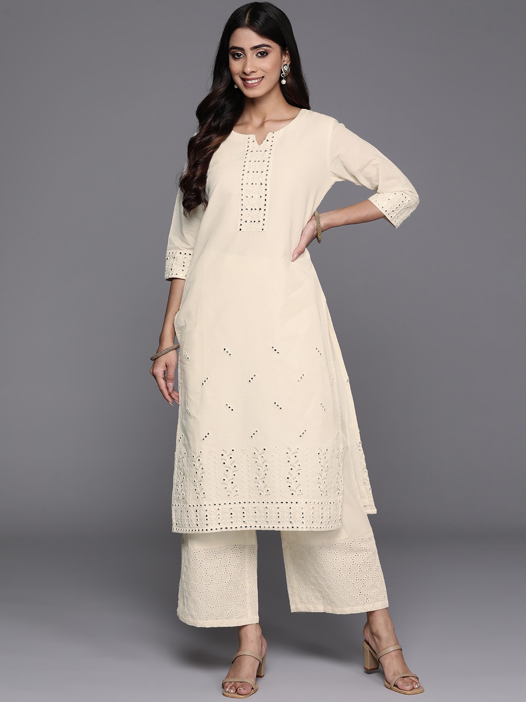

Libas Embroidered Mirror Work Kurta, Off white