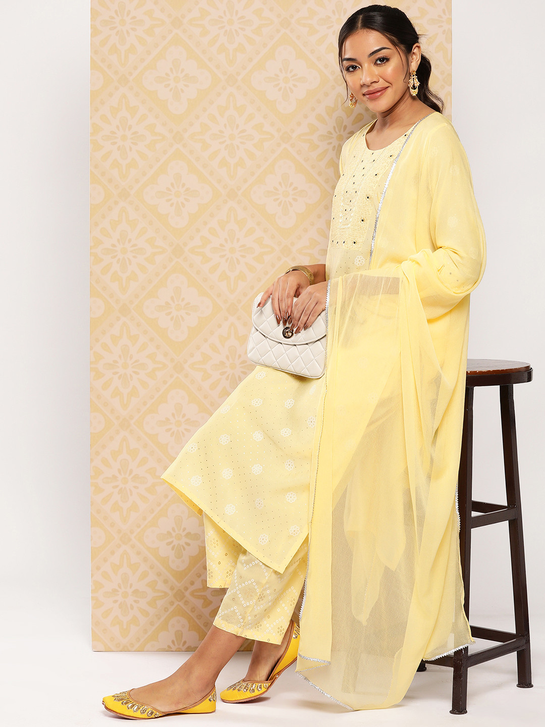 

Libas Floral Yoke Design Panelled Mirror Work Kurta With Trousers & Dupatta, Yellow