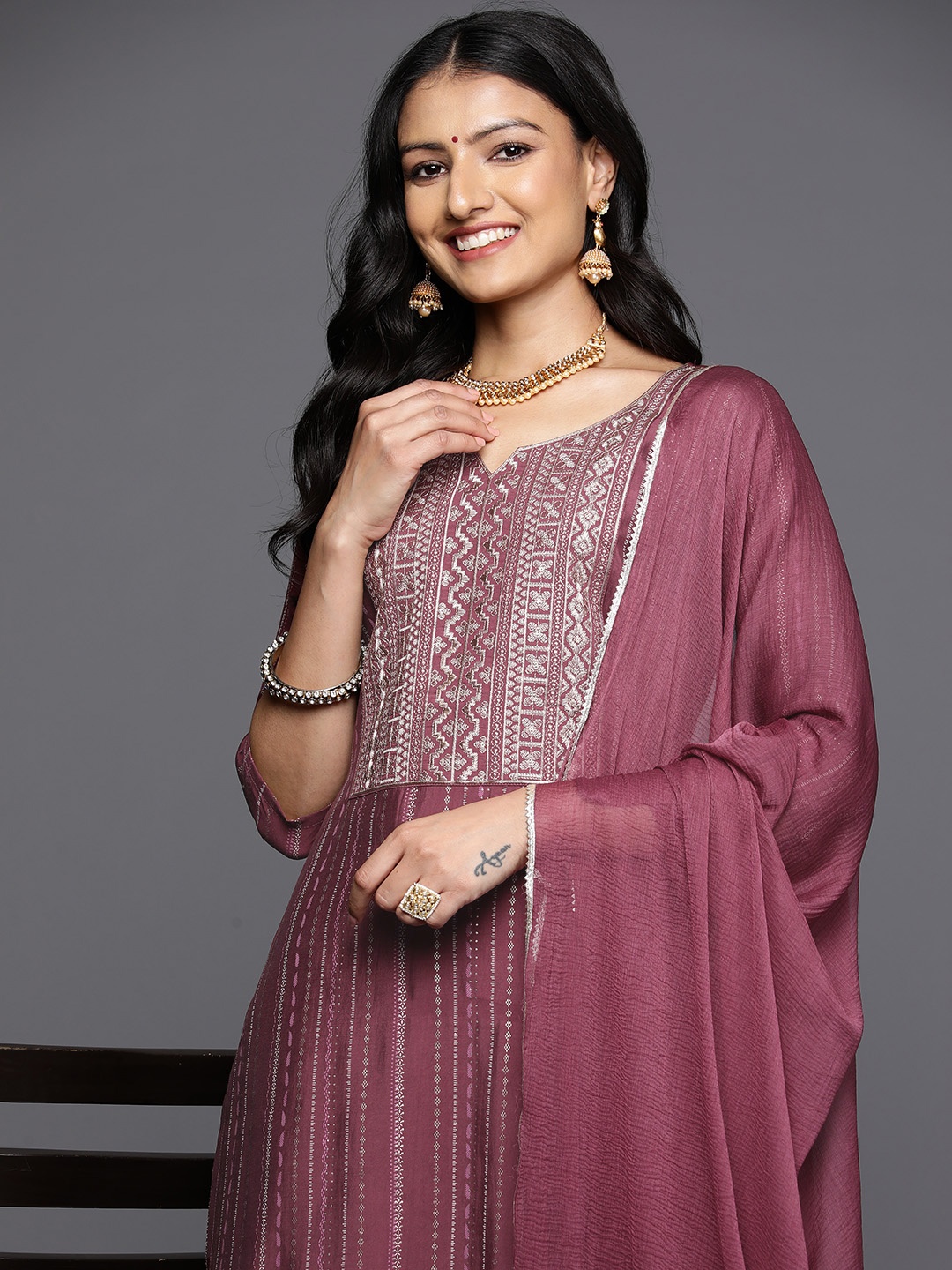 

Libas Yoke Design Panelled Gotta Patti Sweetheart Neck Kurta With Trousers & Dupatta, Mauve