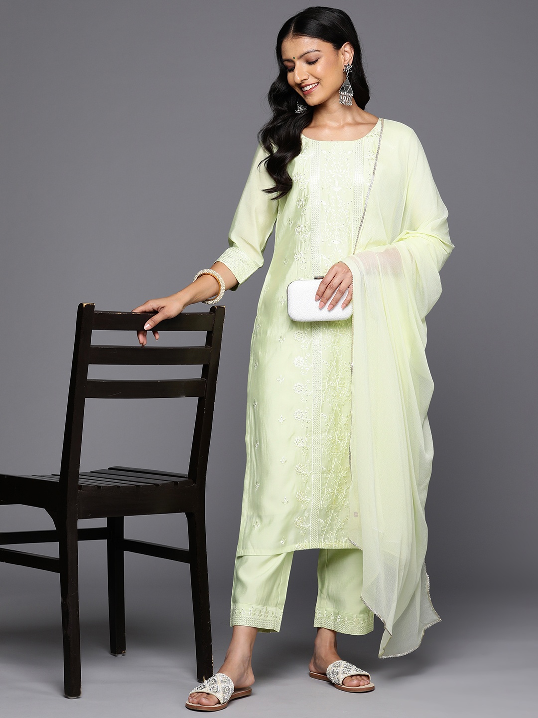 

Libas Floral Embroidered Thread Work Kurta With Trousers & Dupatta, Sea green