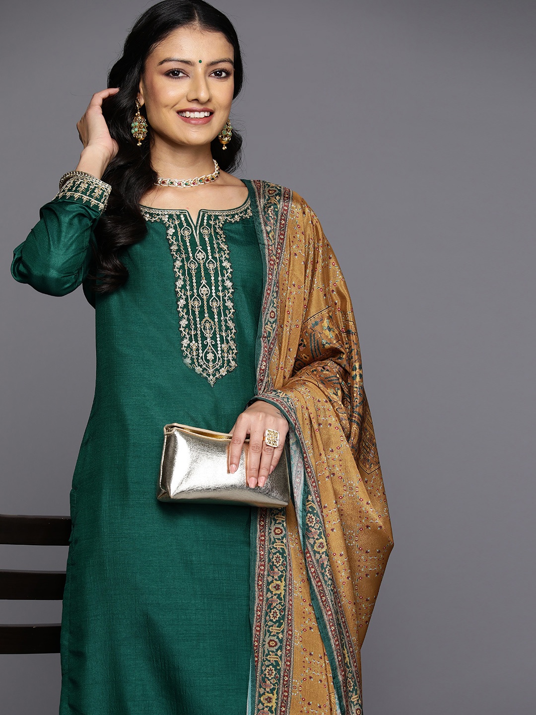 

Libas Ethnic Motifs Yoke Design Kurta With Trousers & Dupatta, Green