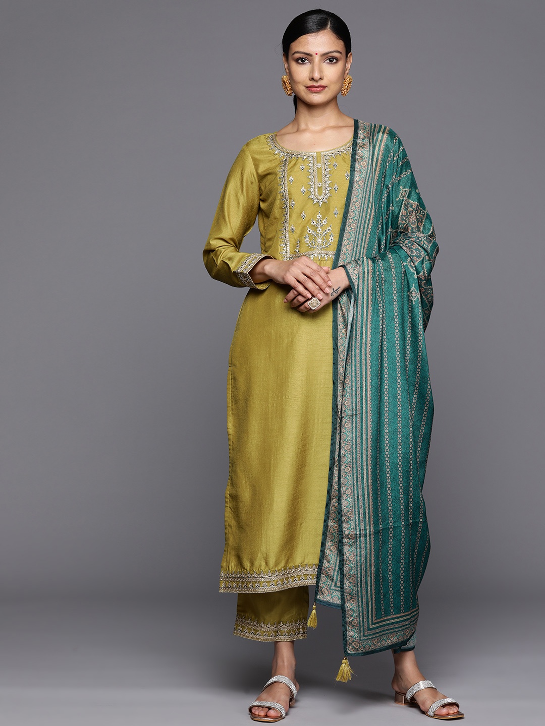 

Libas Floral Yoke Design Zari Kurta With Trousers & Dupatta, Mustard