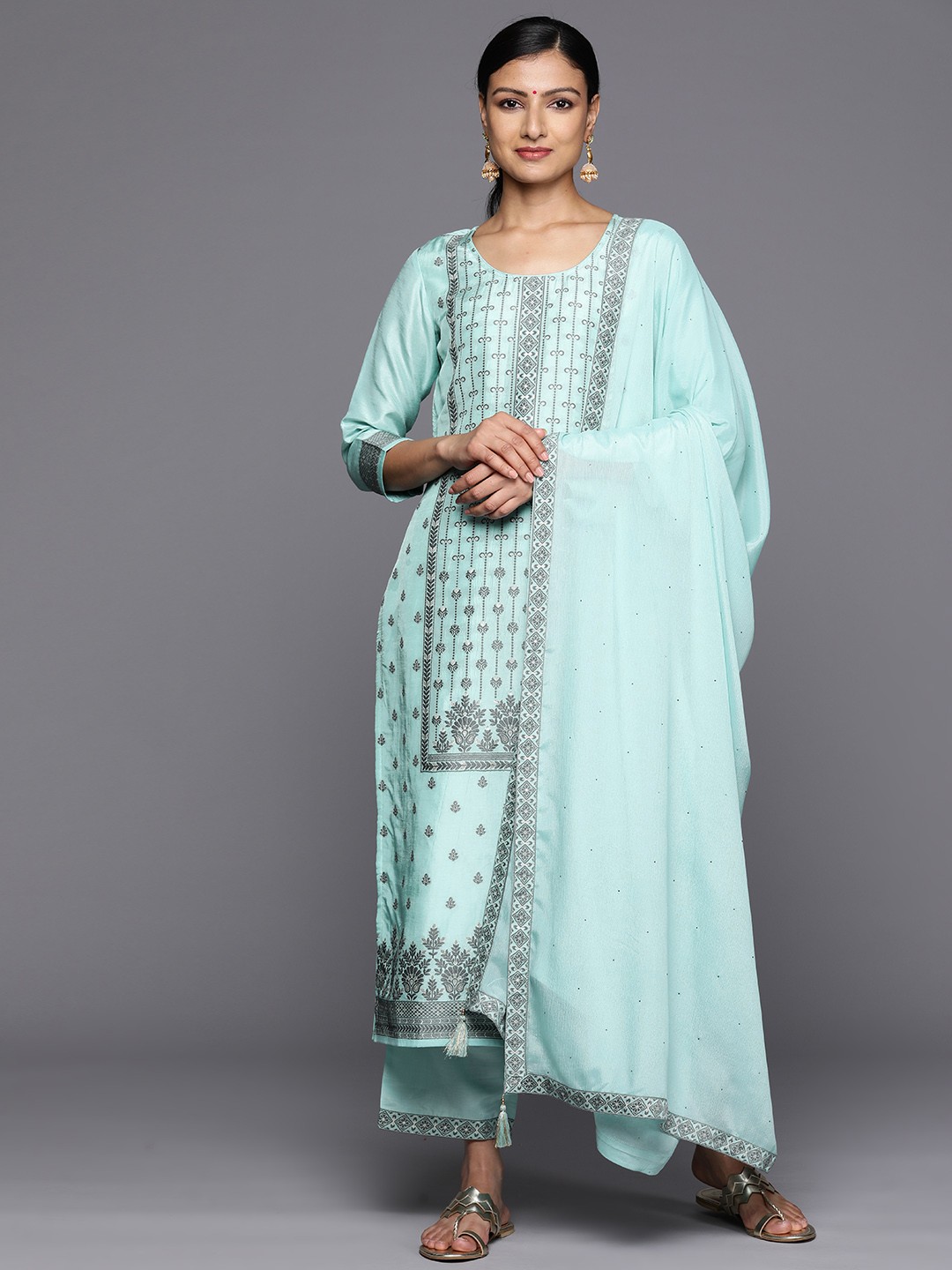 

Libas Woven Design Kurta With Trousers & Dupatta, Turquoise blue