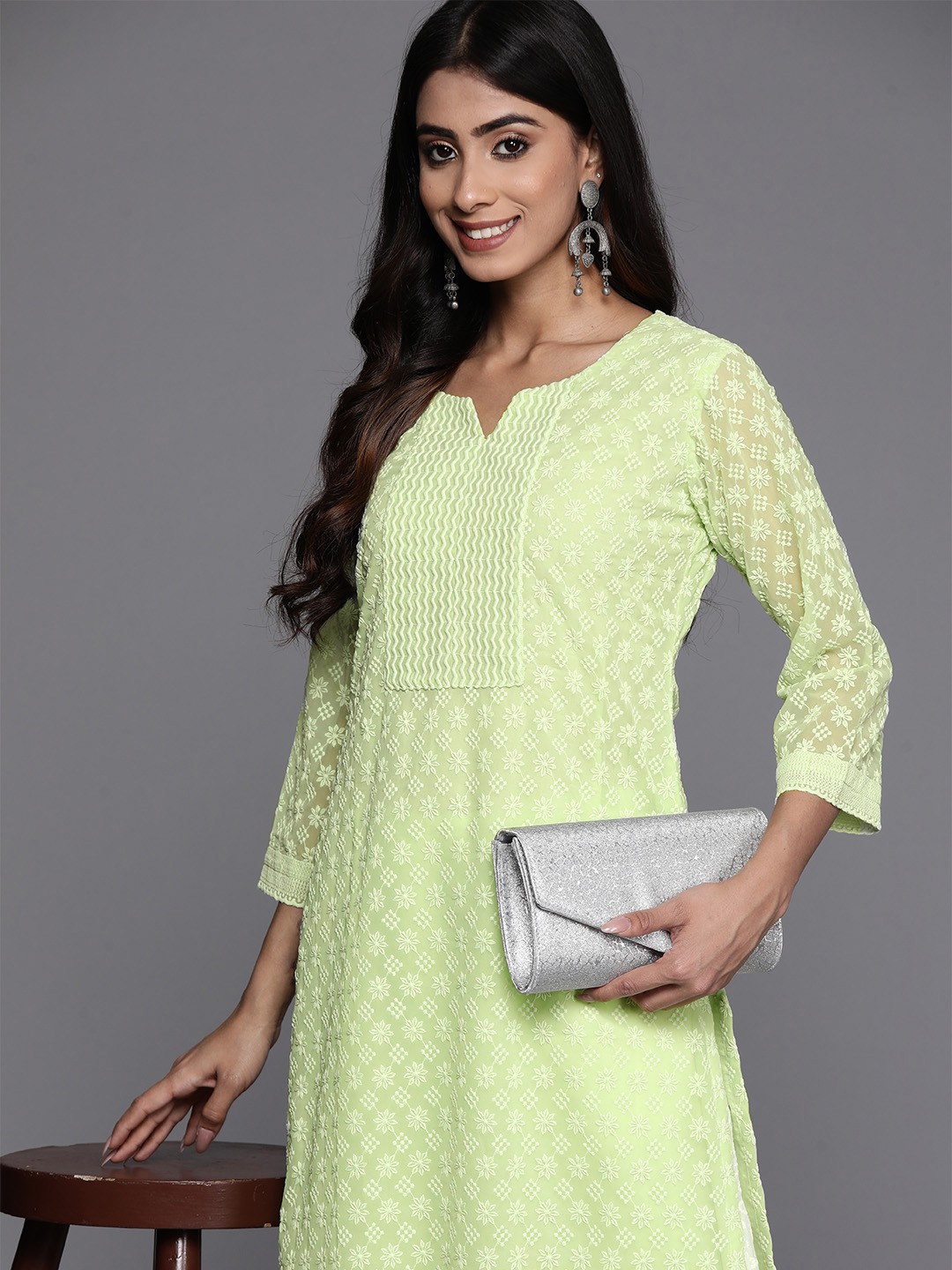 

Libas Floral Embroidered Thread Work Sweetheart Neck Georgette Kurta, Green