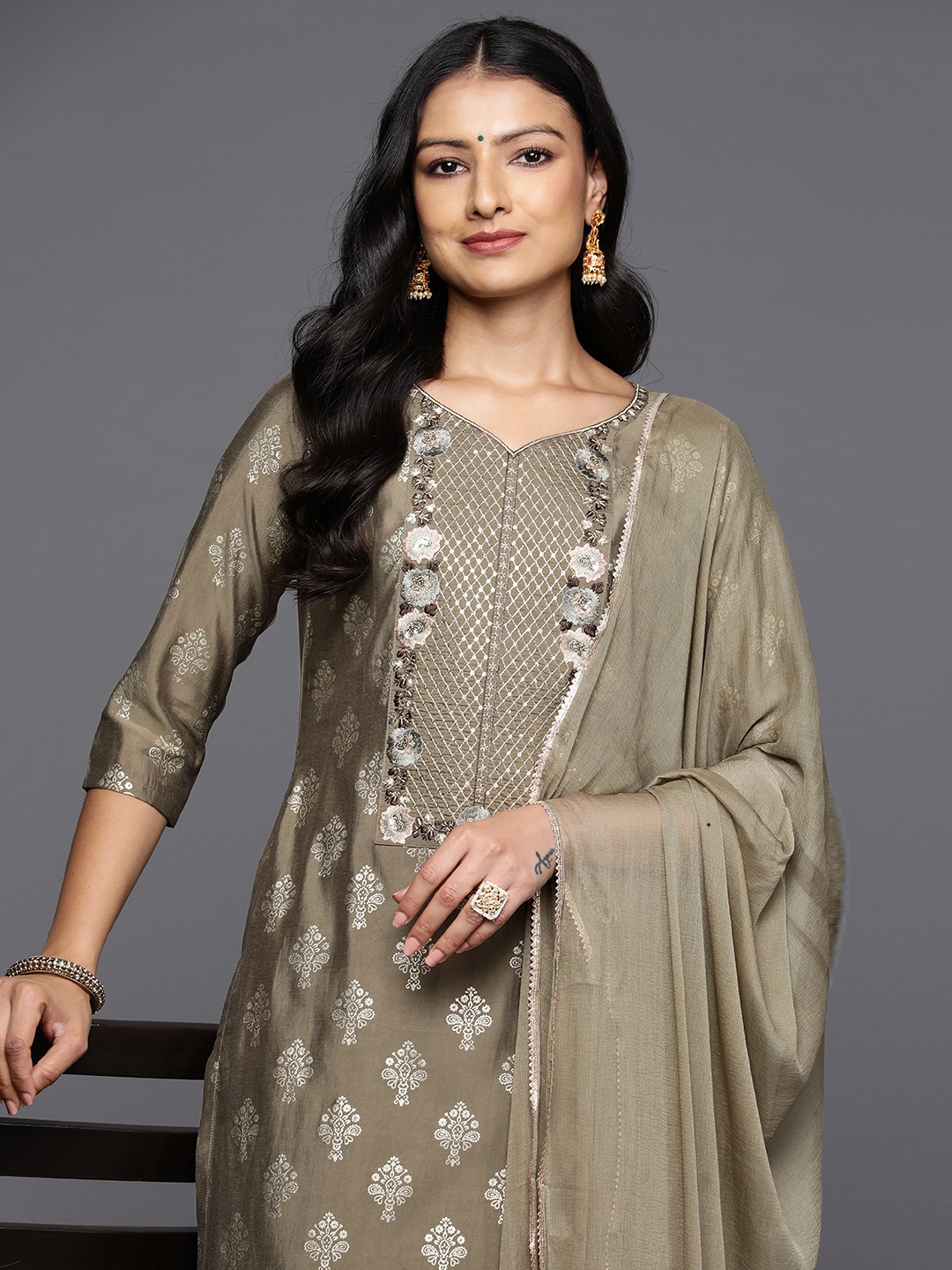

Libas Floral Printed Panelled Sequinned Kurta With Trousers & Dupatta, Taupe