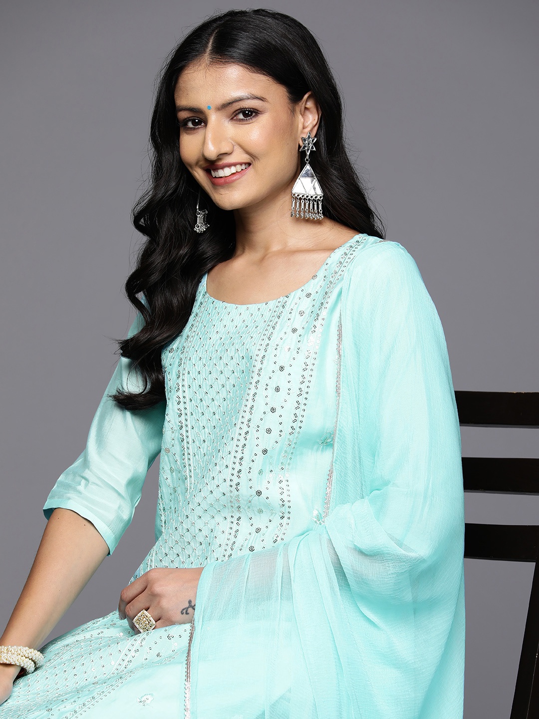 

Libas Ethnic Motifs Embroidered Panelled Thread Work Kurta With Trousers & Dupatta, Turquoise blue