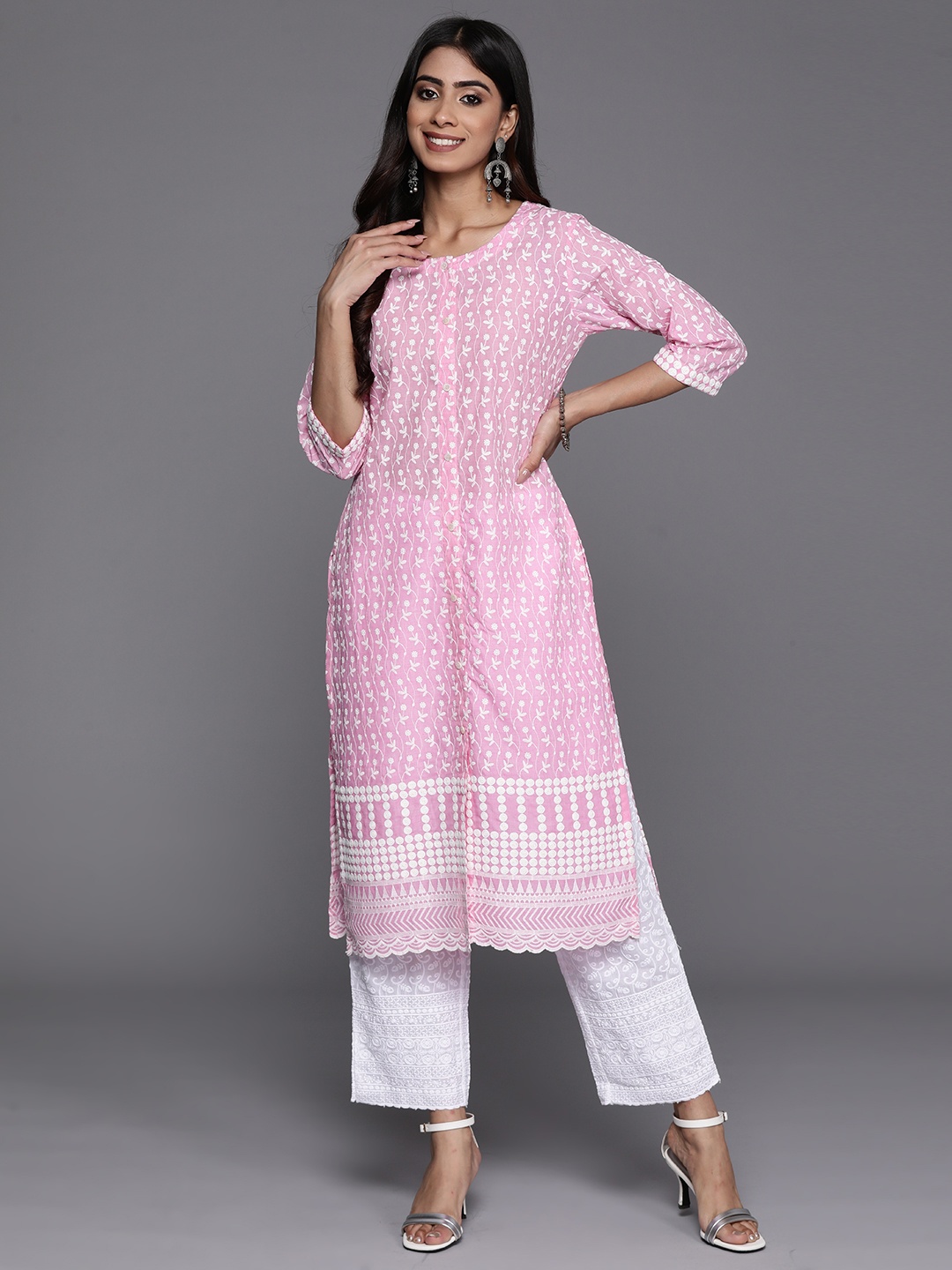 

Libas Floral Embroidered Thread Work Floral Kurta, Pink