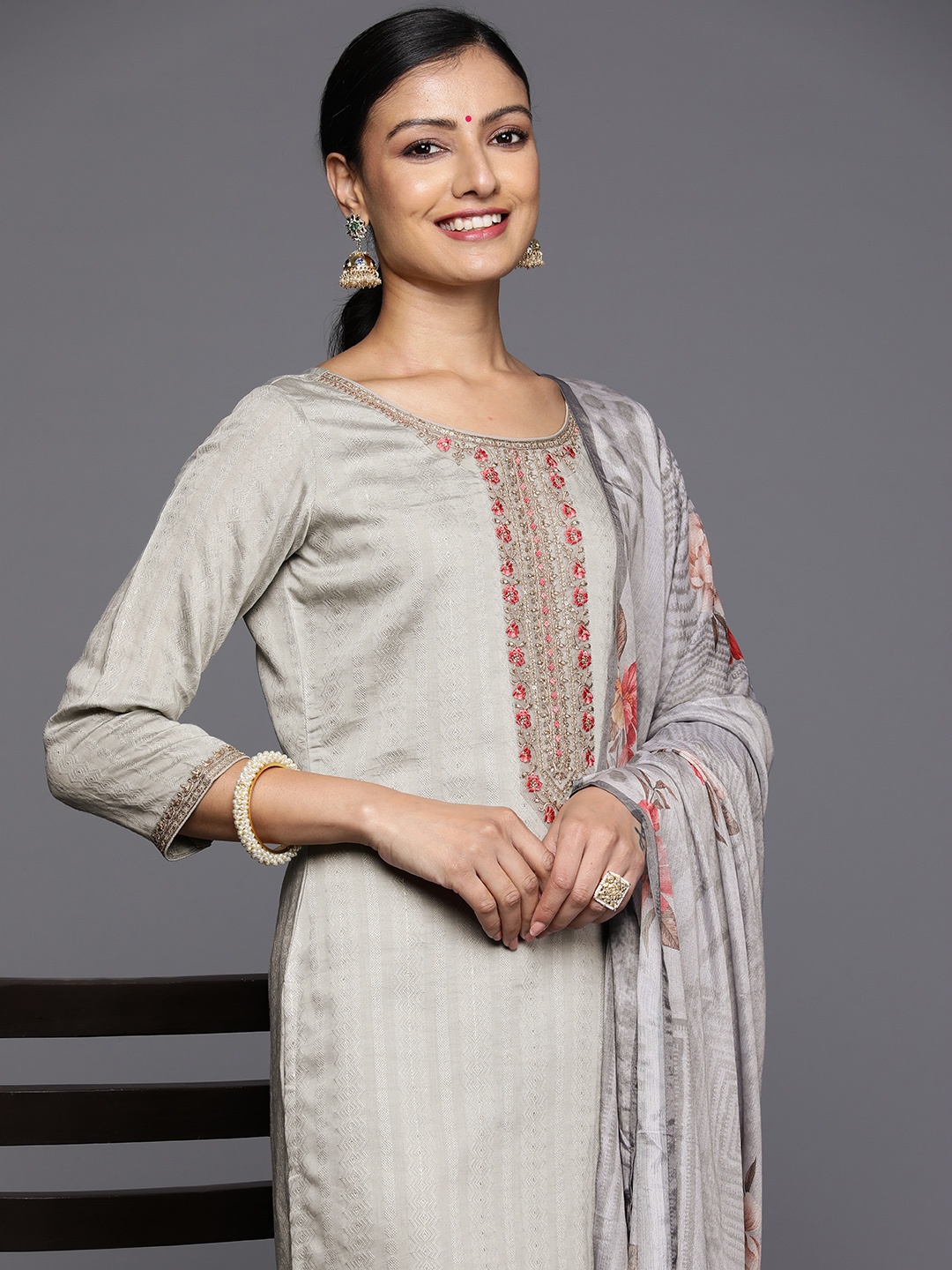 

Libas Floral Regular Sequinned Dobby Kurta With Trousers & Dupatta, Grey