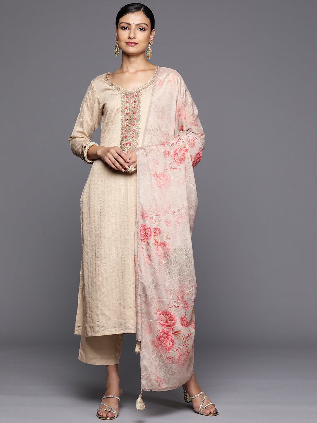 

Libas Floral Dobby Sequinned Kurta With Trousers & Dupatta, Taupe