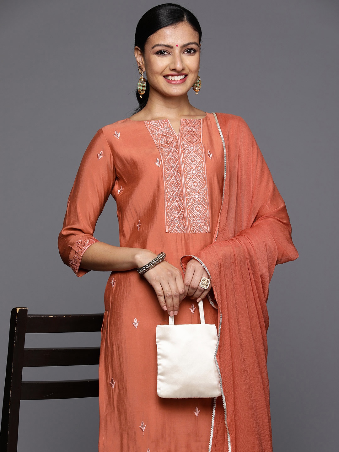 

Libas Floral Yoke Design Panelled Thread Work Kurta With Trousers & Dupatta, Rust