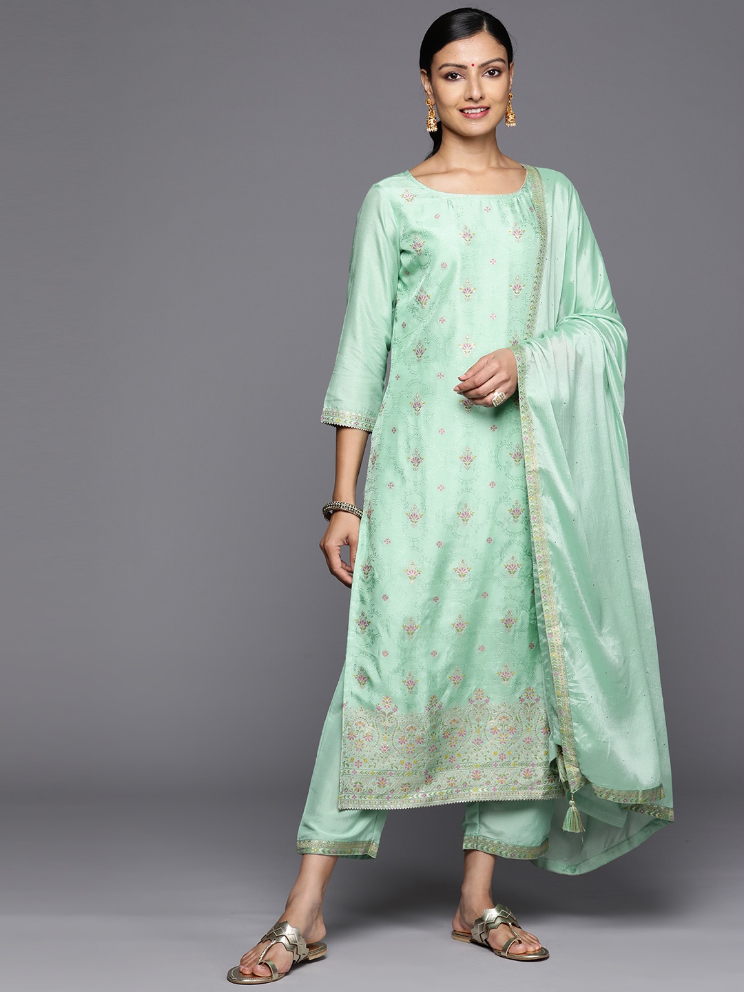 

Libas Floral Kurta With Trousers & Dupatta, Sea green