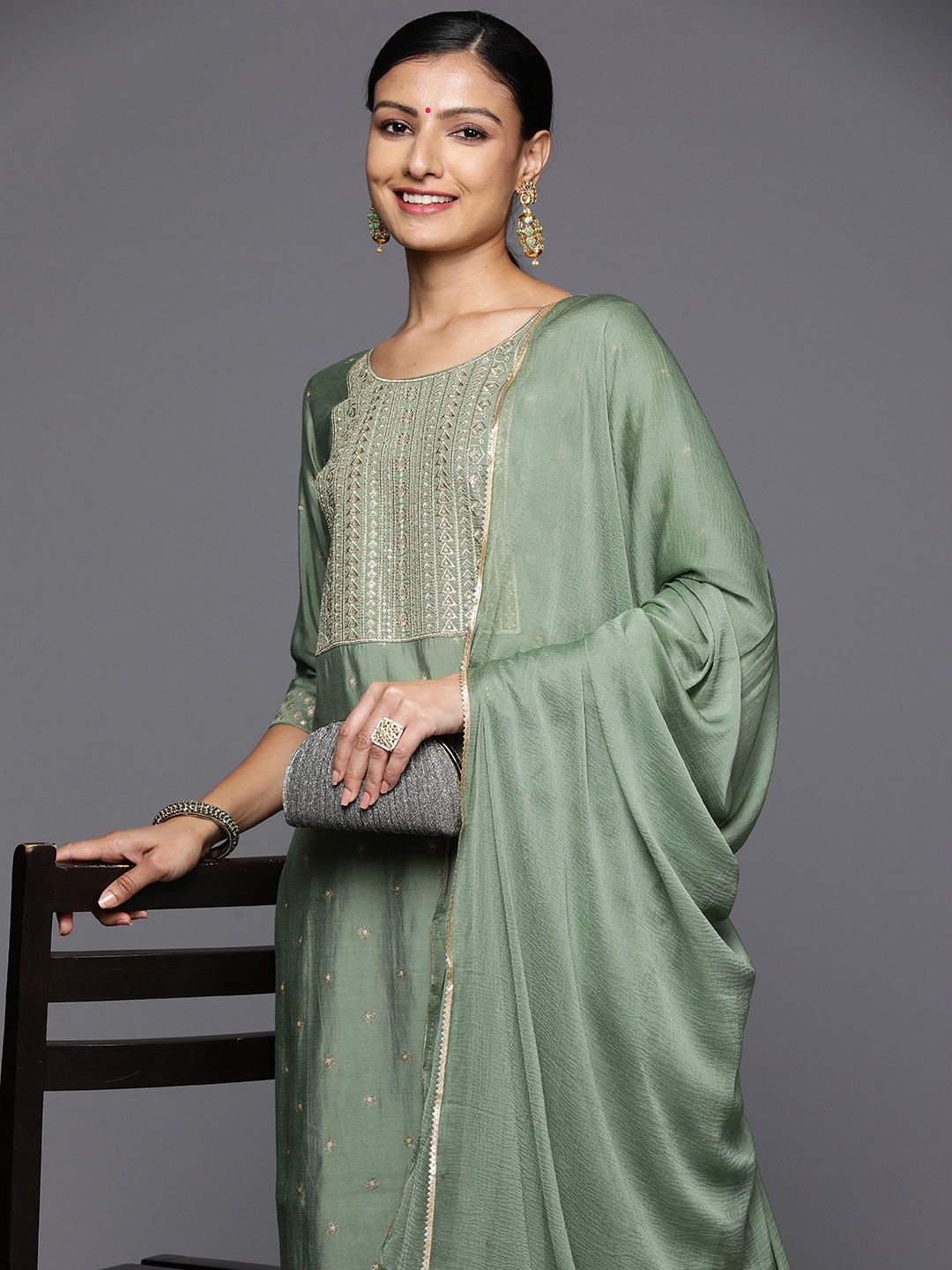 

Libas Ethnic Motifs Yoke Design Zari Kurta With Trousers & Dupatta, Green