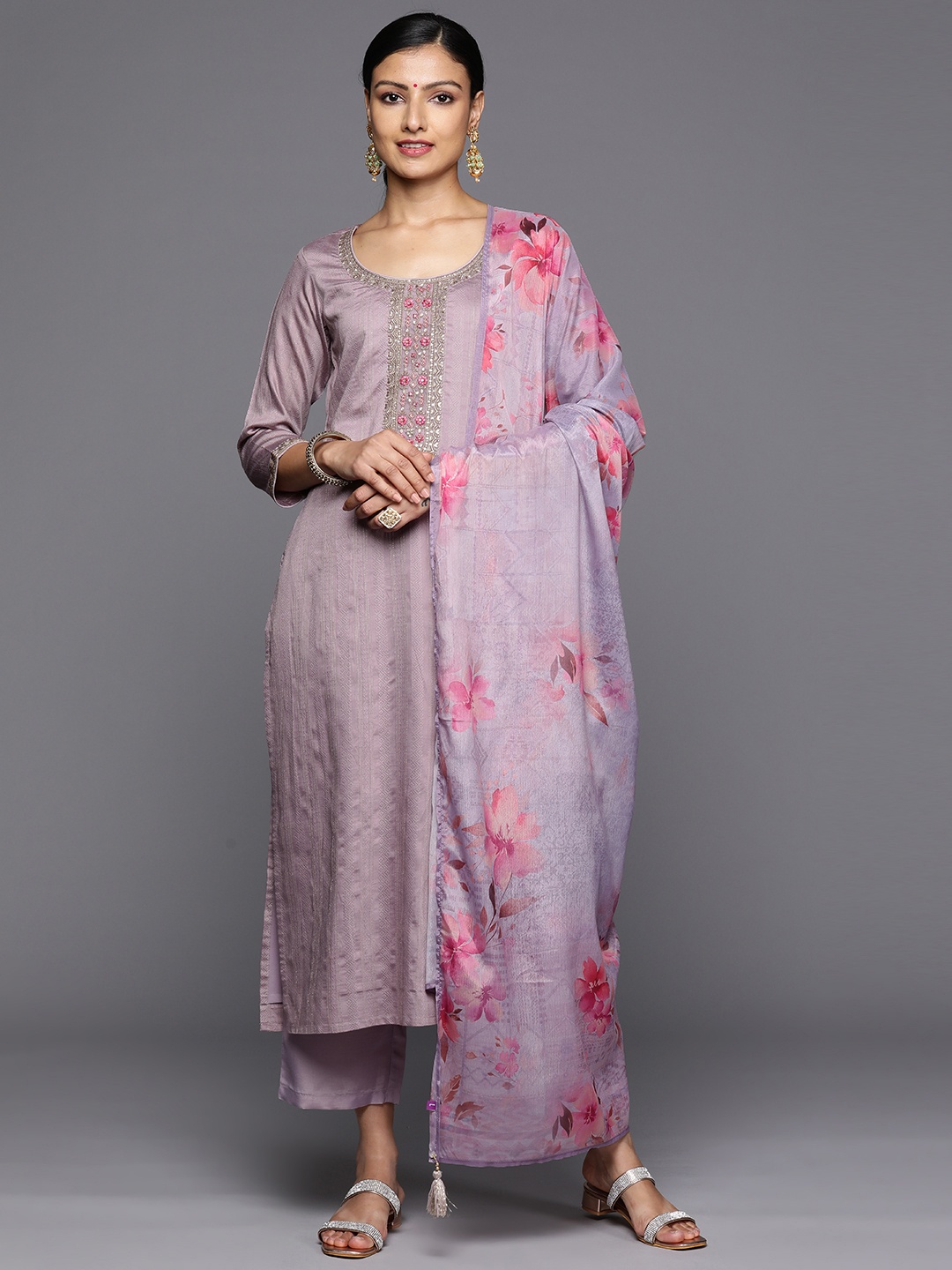 

Libas Floral Dobby Sequinned Kurta With Trousers & Dupatta, Purple