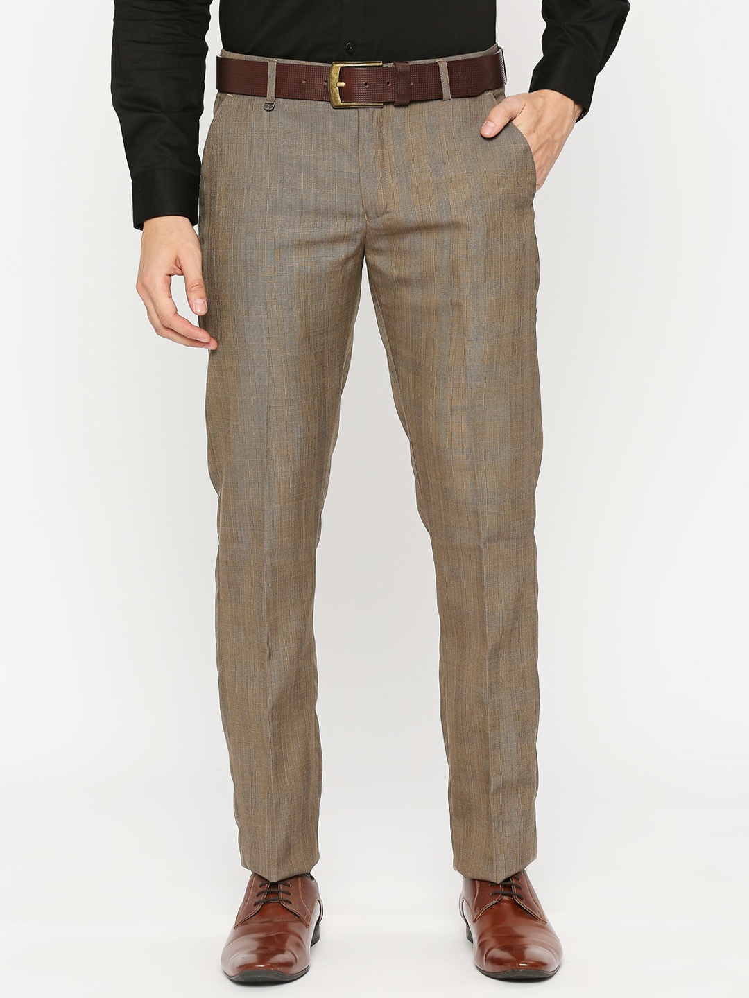 

Solemio Men Textured Self Design Formal Trousers, Brown