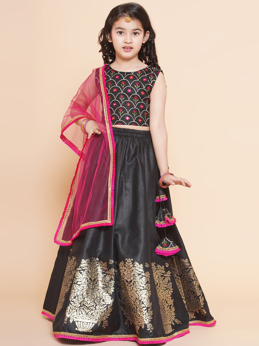 

Bitiya by Bhama Girls Embroidered Thread Work Foil Print Ready to Wear Lehenga, Black