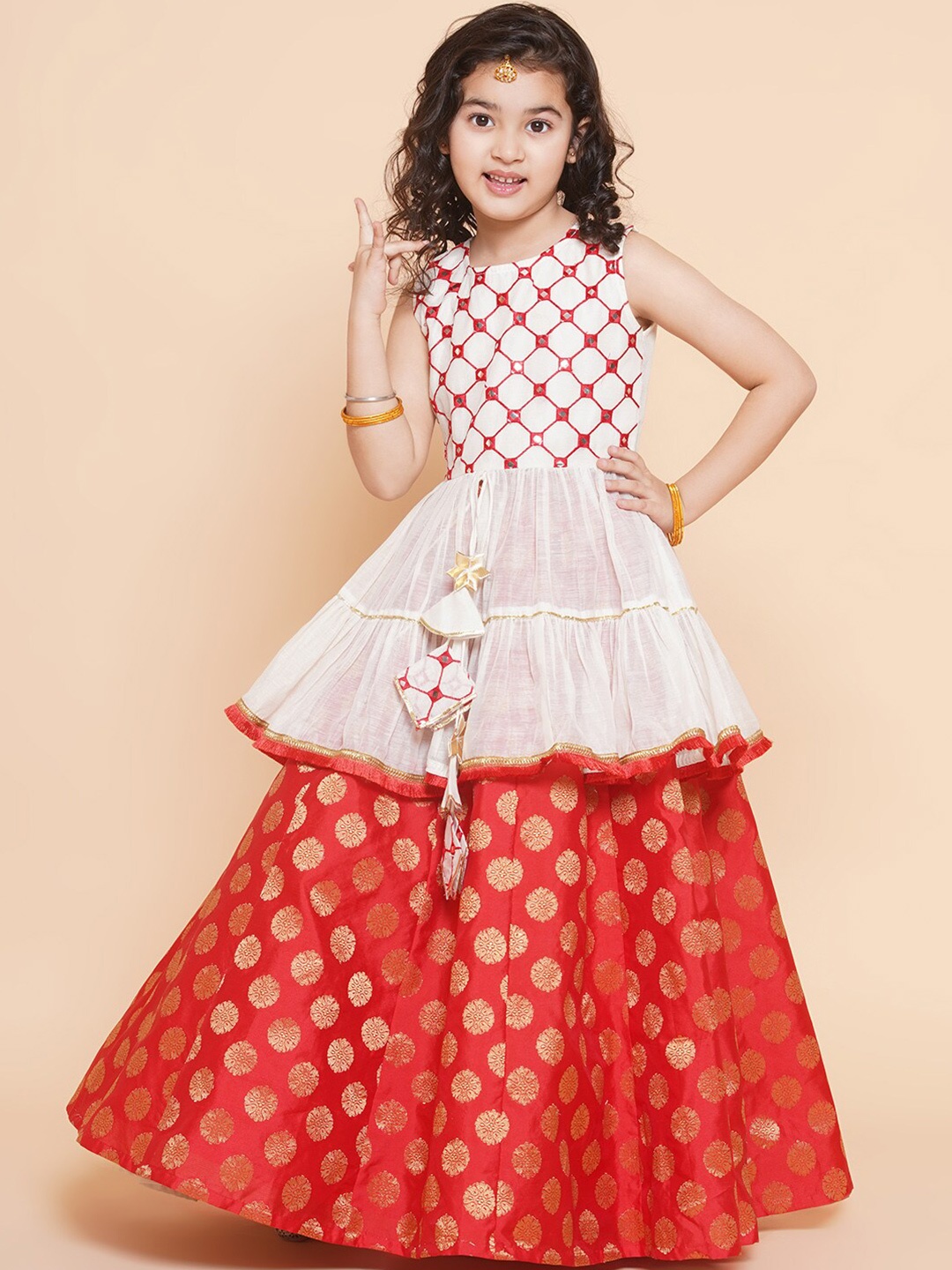 

Bitiya by Bhama Girls Embroidered Mirror Work Ready to Wear Lehenga Choli, Off white