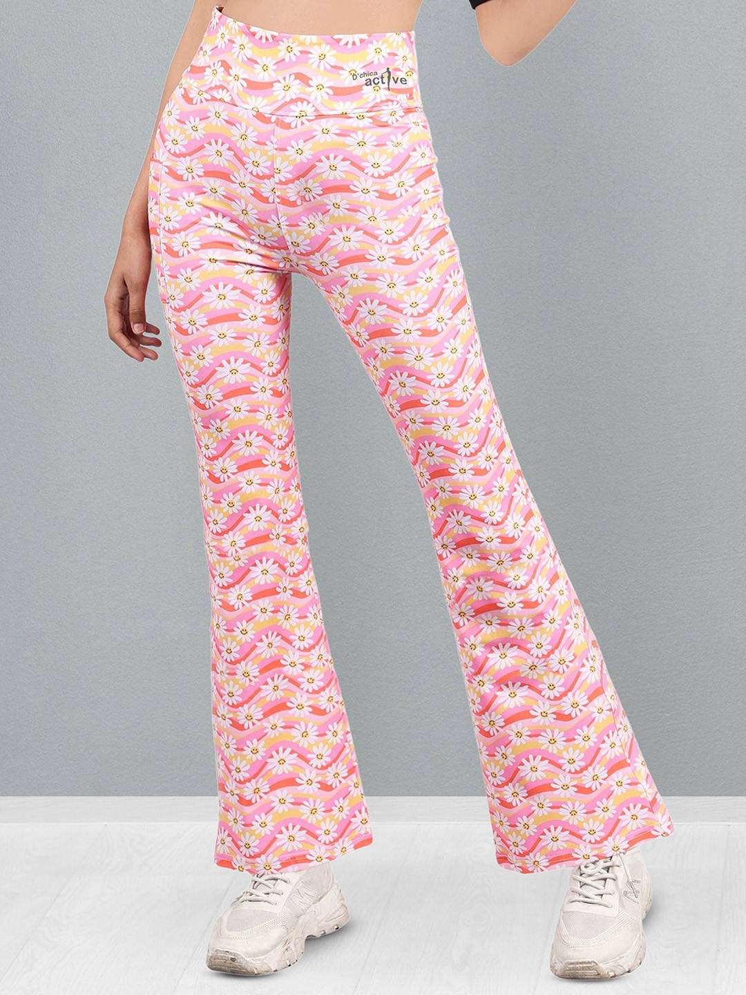 

DChica Girls Floral Printed Flared Sports Tights, Pink