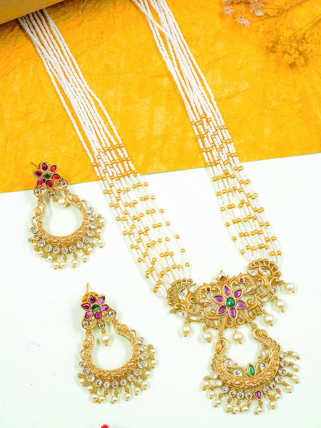 

GRIIHAM Gold-Plated Stone Studded & Beaded Jewellery Set