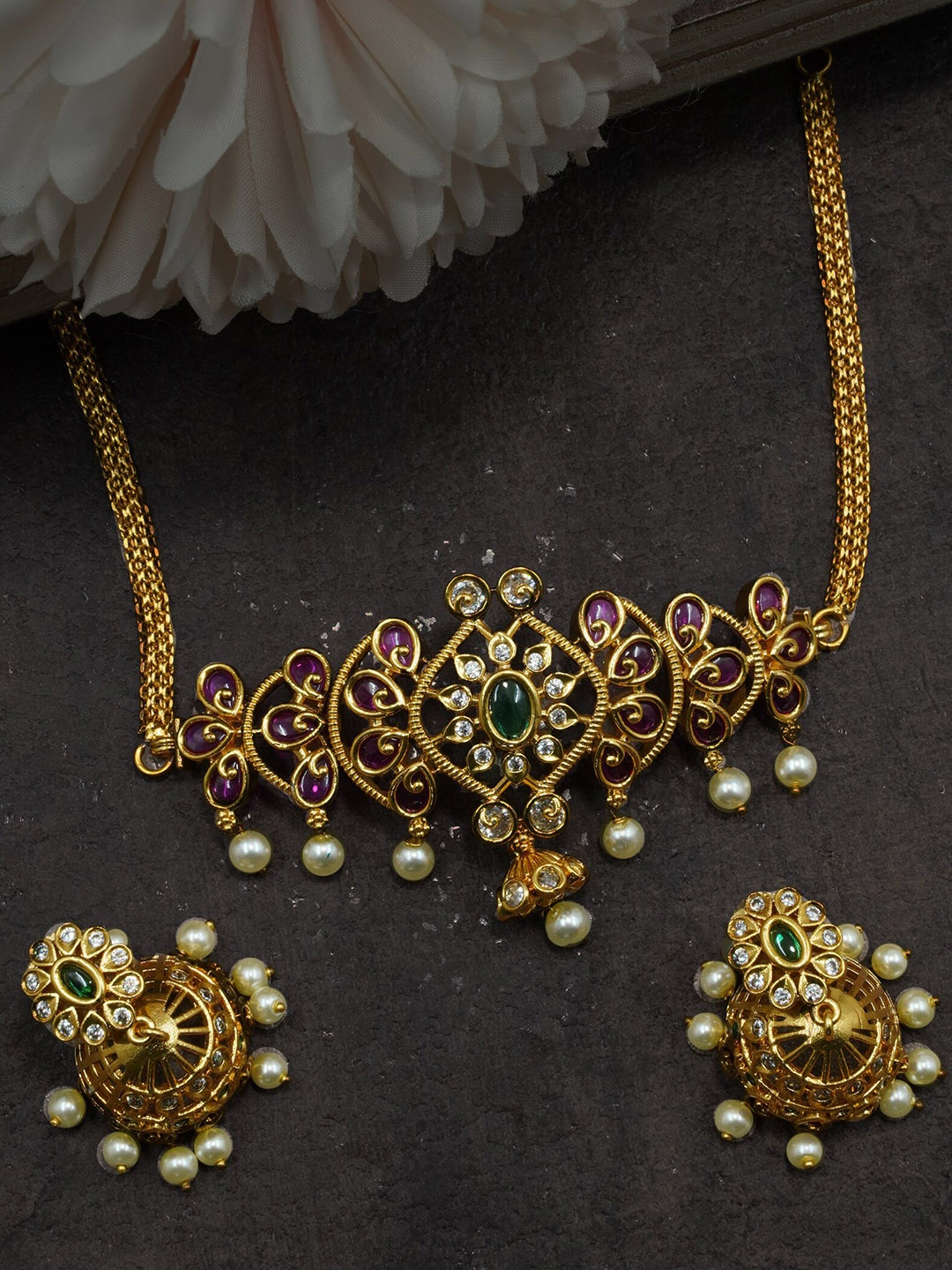 

GRIIHAM Gold-Plated CZ-Studded & Pearl Beaded Jewellery Set