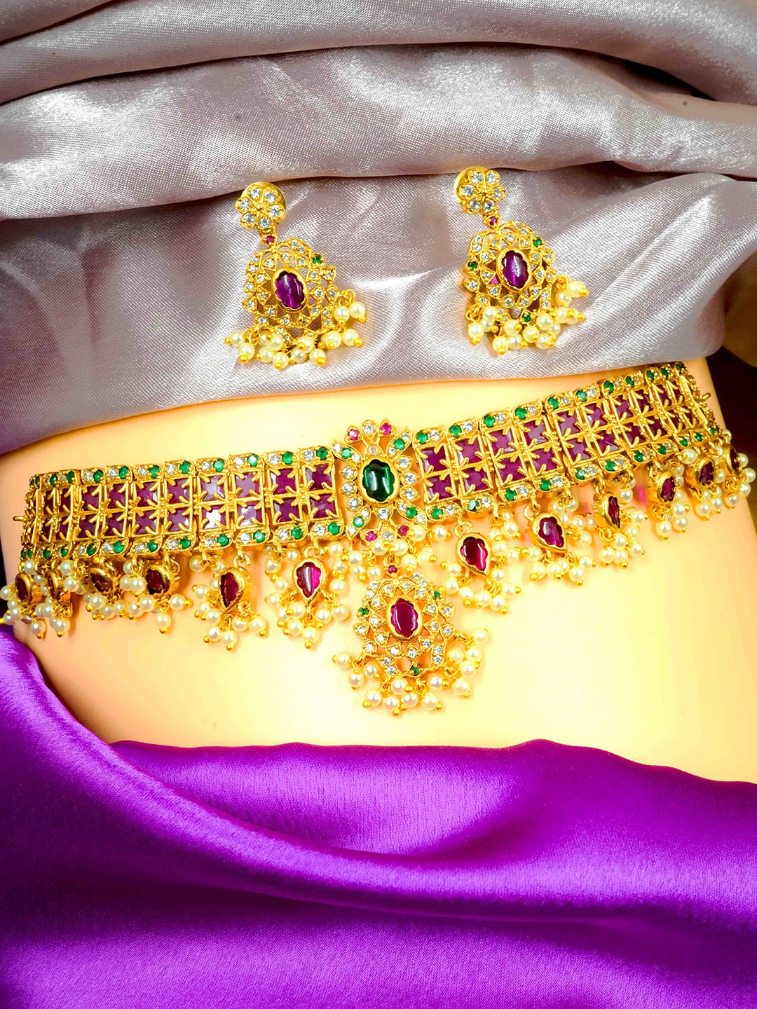 

GRIIHAM Gold-Plated CZ Stone-Studded & Beaded Jewellery Set