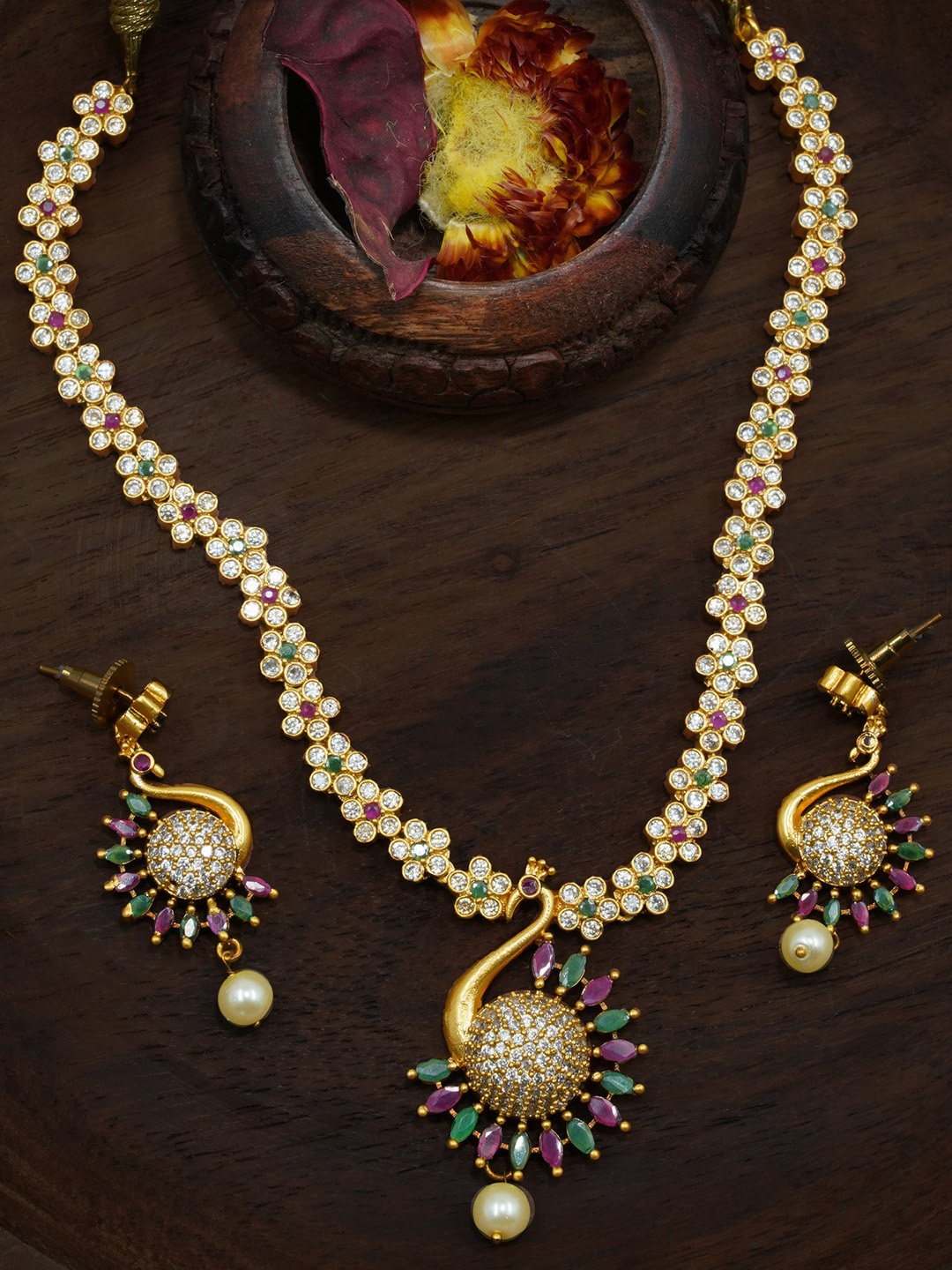 

GRIIHAM Gold-Plated CZ Stone-Studded Jewellery Set, Green
