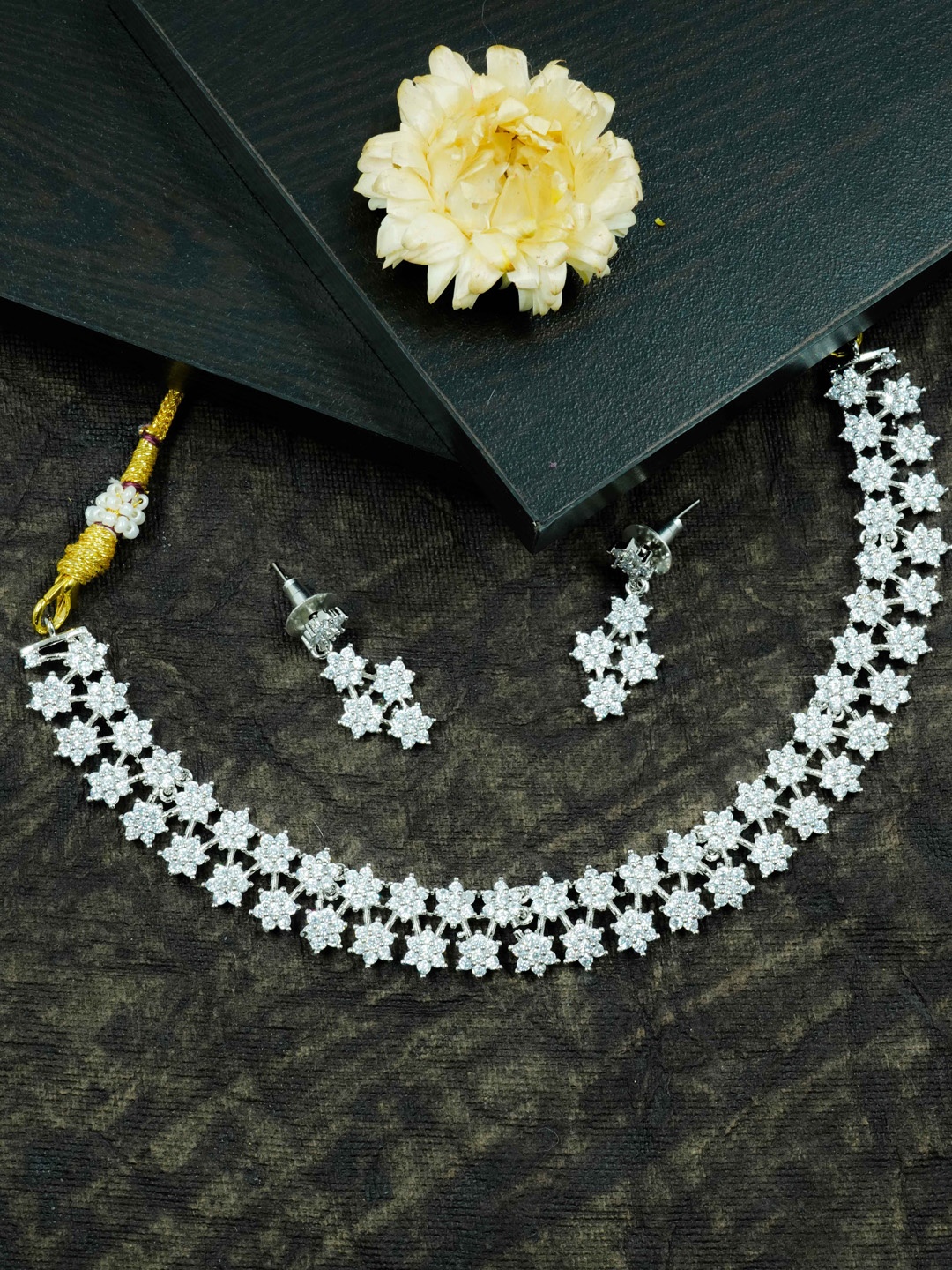 

GRIIHAM White Gold-Plated Cubic Zirconia-Studded Necklace and Earrings Set, Silver