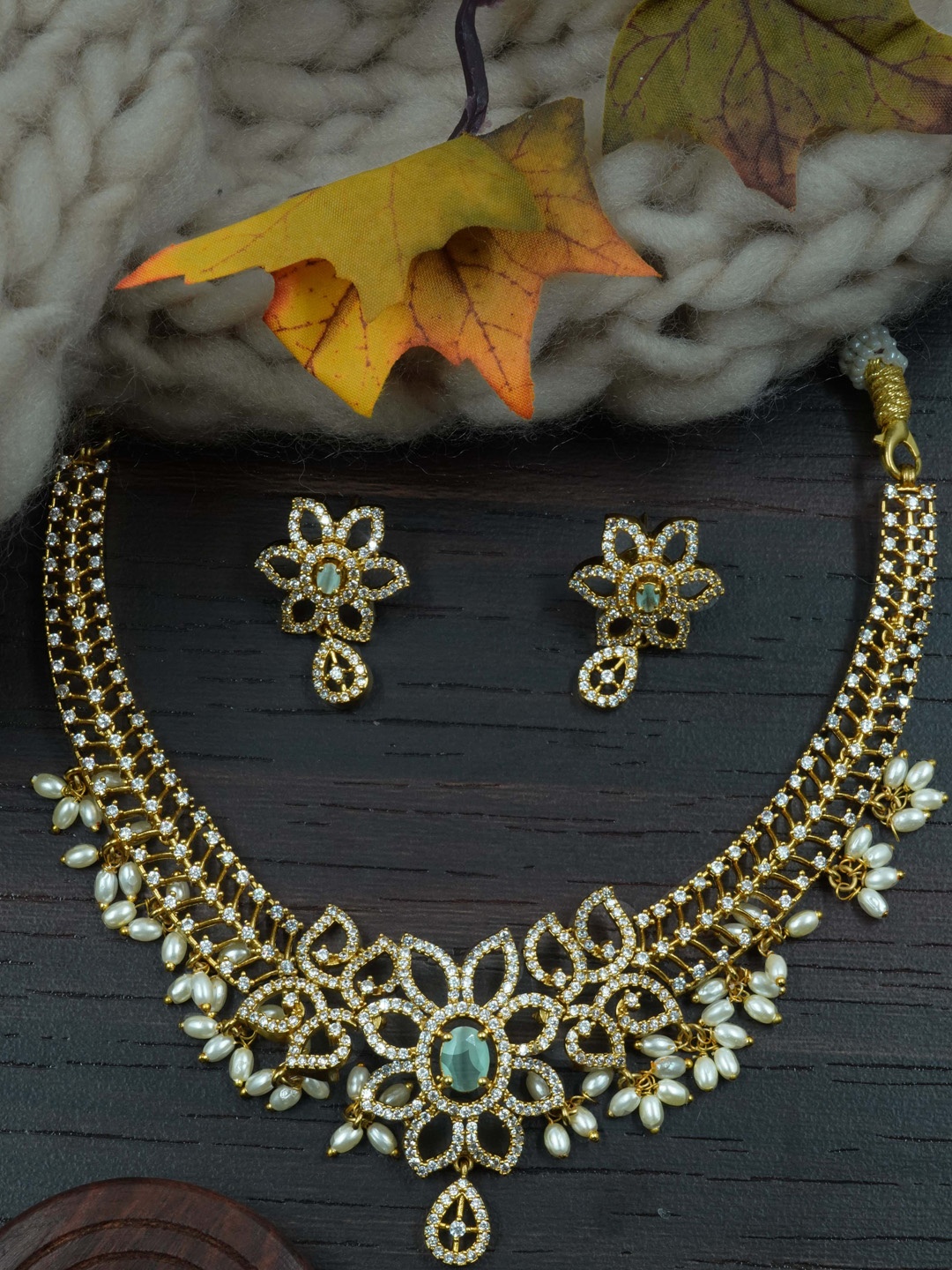 

GRIIHAM Gold-Plated American Diamond-Studded Necklace and Earrings Set