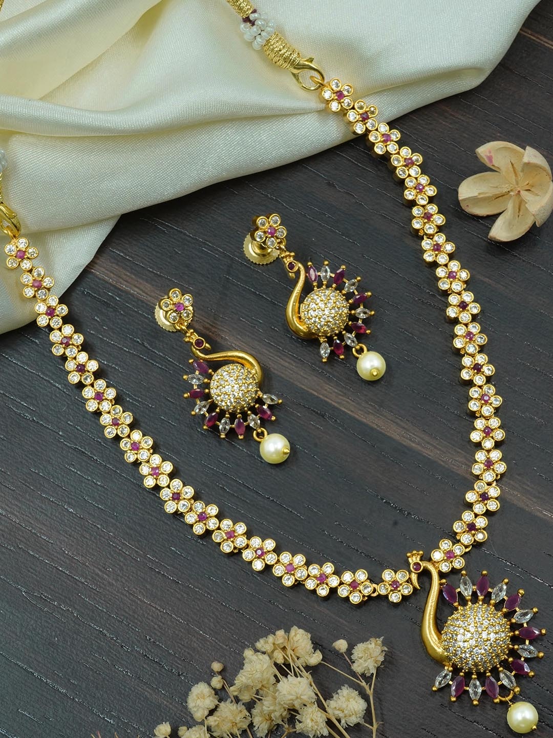 

GRIIHAM Gold-Plated Peacock CZ Stone-Studded Jewellery Set