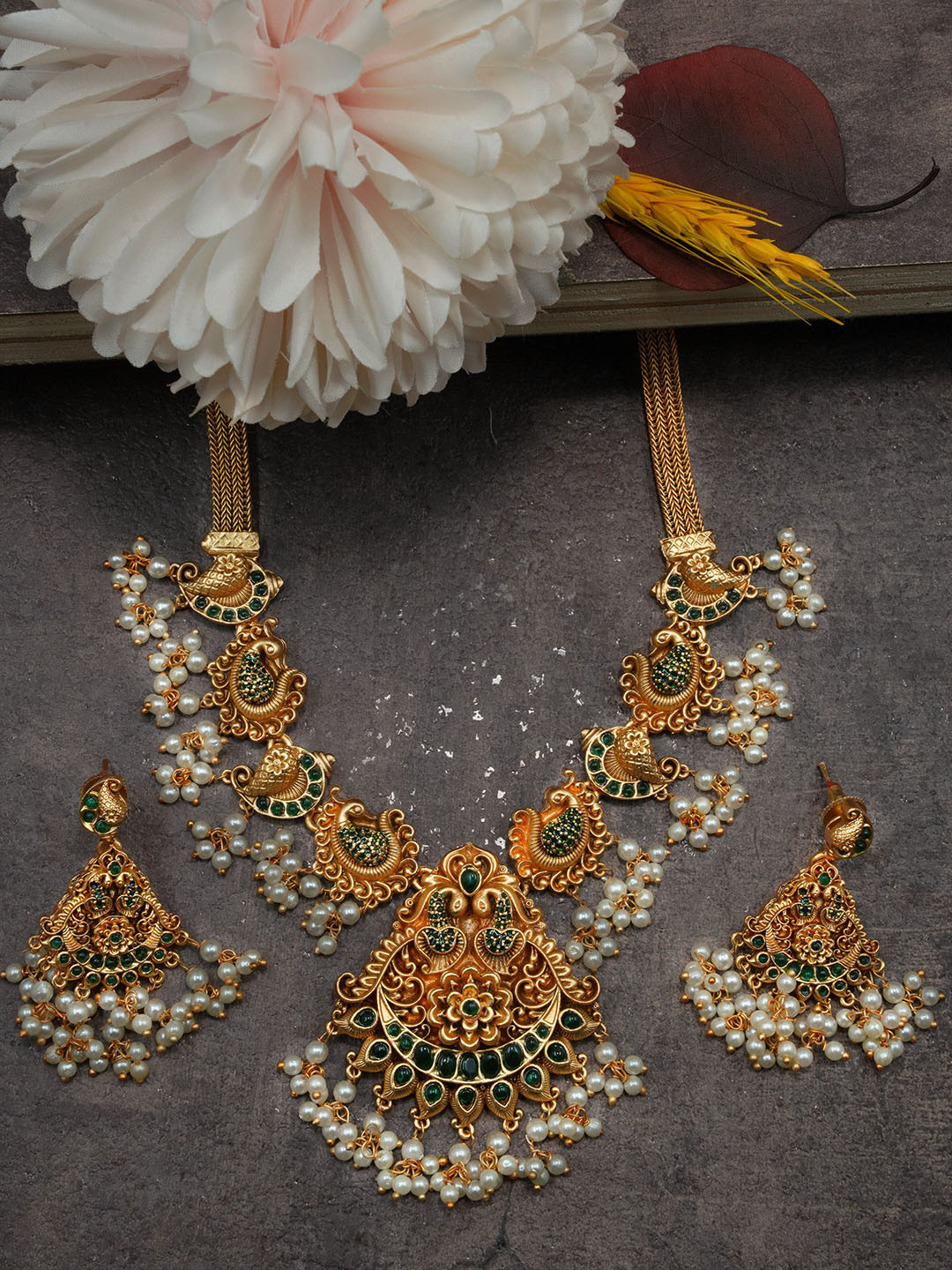 

GRIIHAM Gold-Plated AD-Studded & Pearl Beaded Jewellery Set