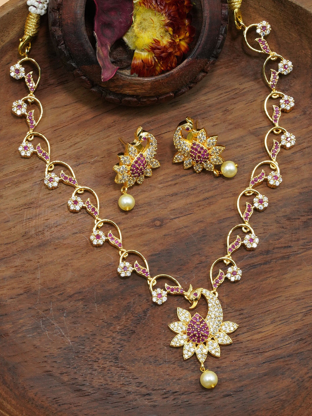 

GRIIHAM Gold-Plated AD-Studded & Pearl Beaded Jewellery Set