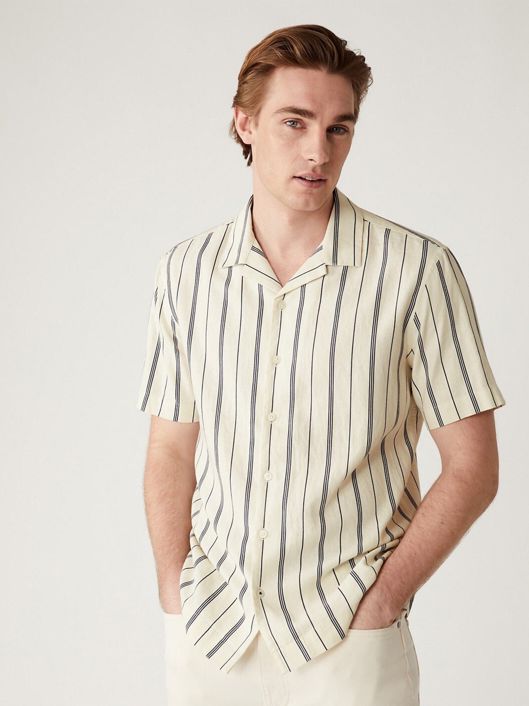 

Marks & Spencer Striped Cuban Collar Casual Shirt, Cream