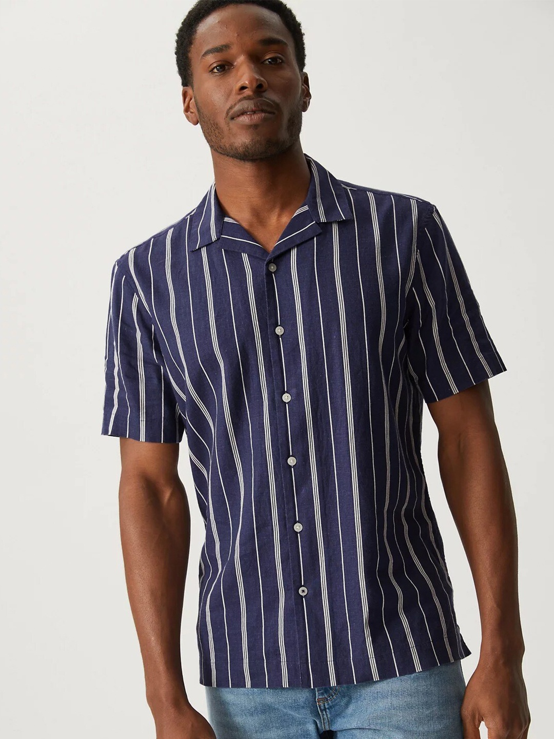 

Marks & Spencer Striped Cuban Collar Casual Shirt, Navy blue